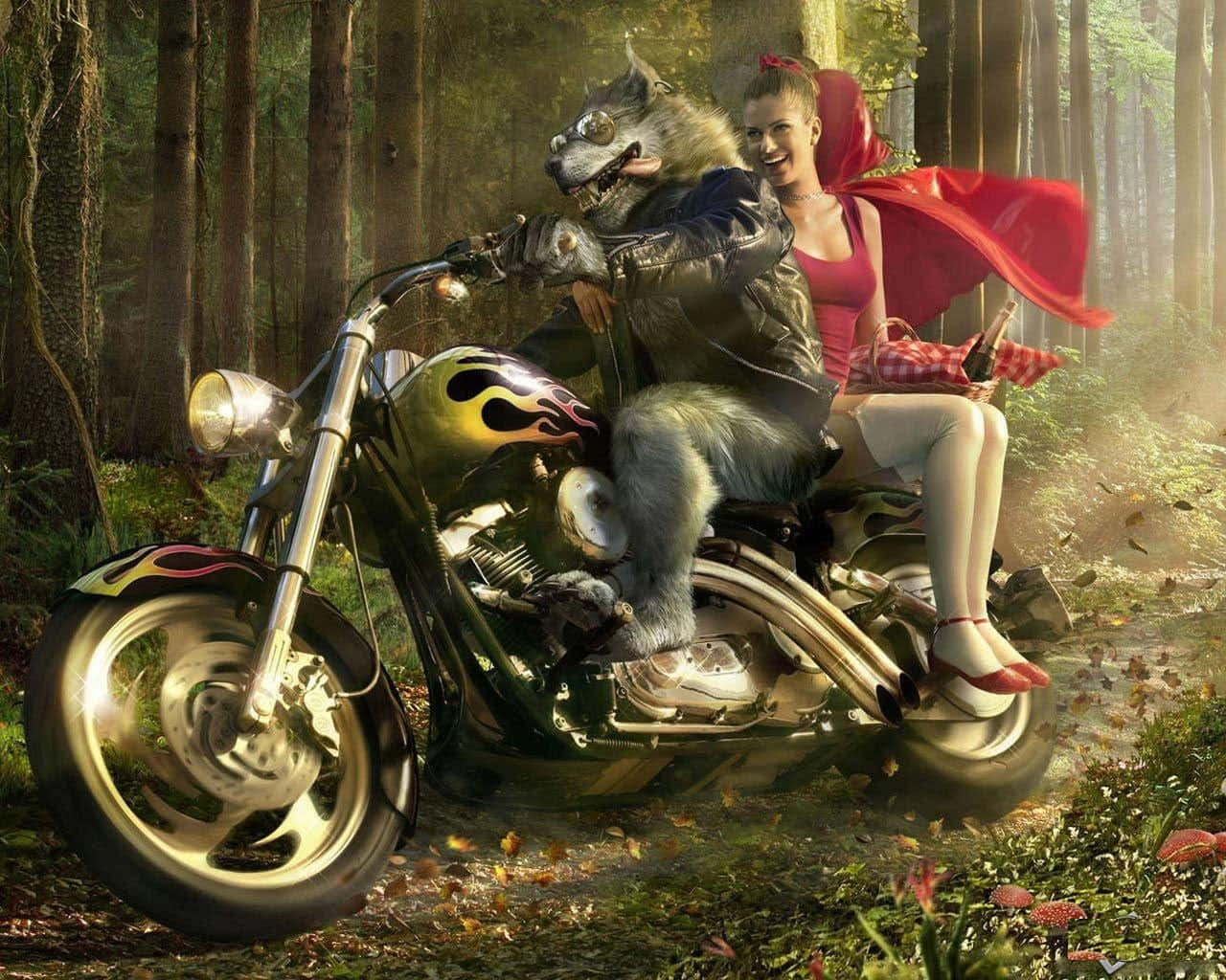 werewolf costumes, leather, flame-painted motorcycle, HD Desktop Wallpaper