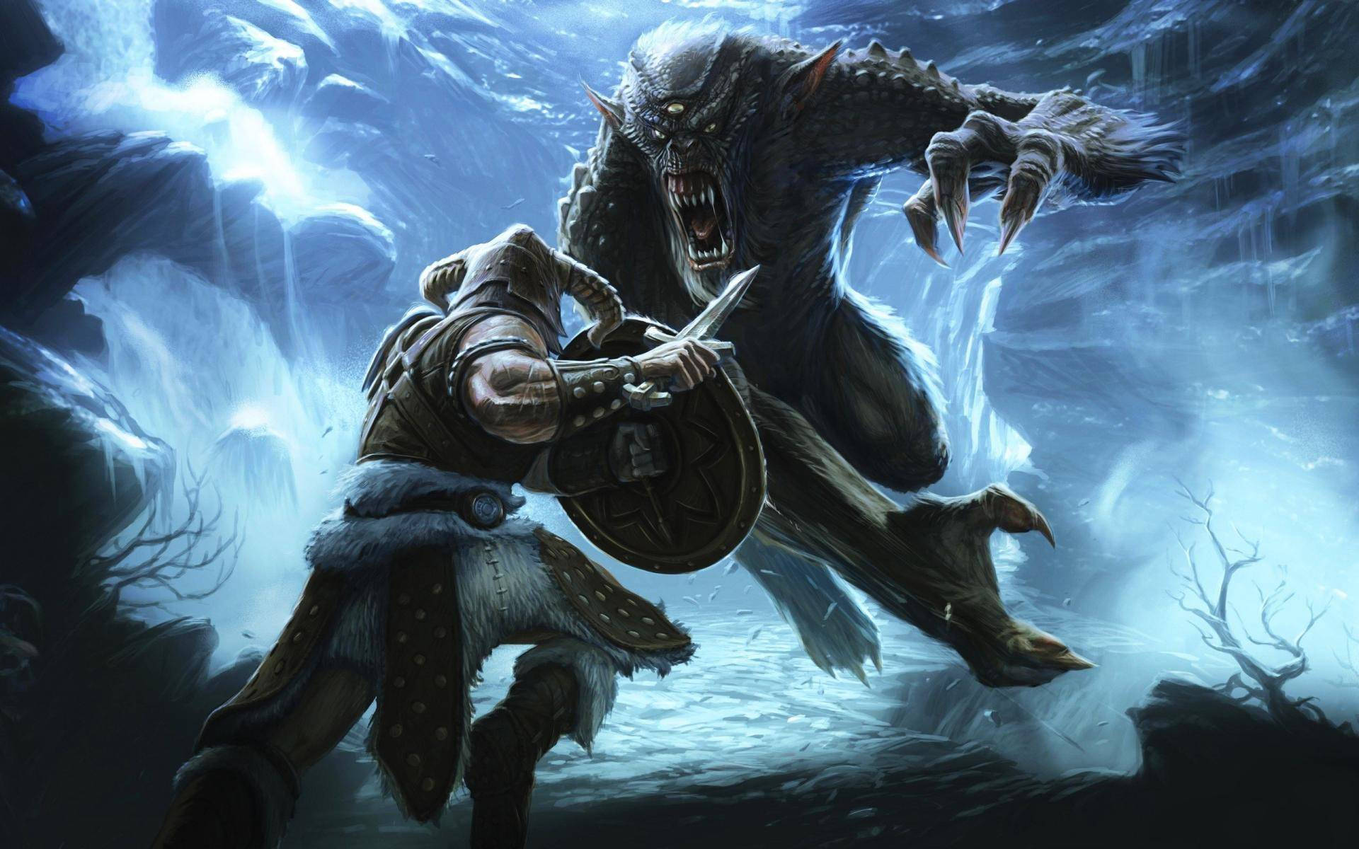 Werewolf Barbarian Battle, frozen, icy cavern, glowing blue light, Full HD Desktop Wallpaper