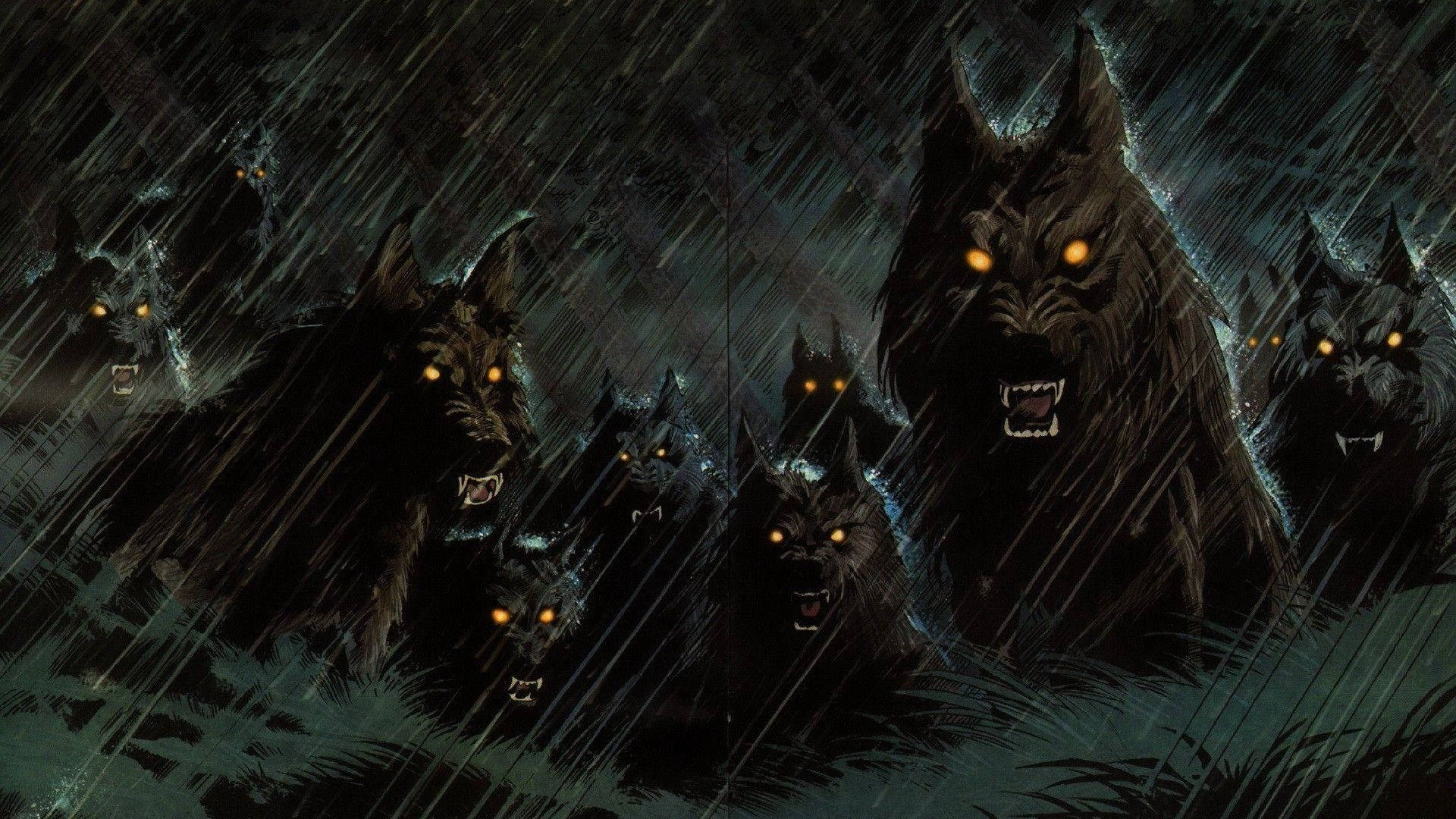 Scary Halloween Pack Of Werewolves, glowing orange eyes, dark rainy forest, Full HD Desktop Wallpaper