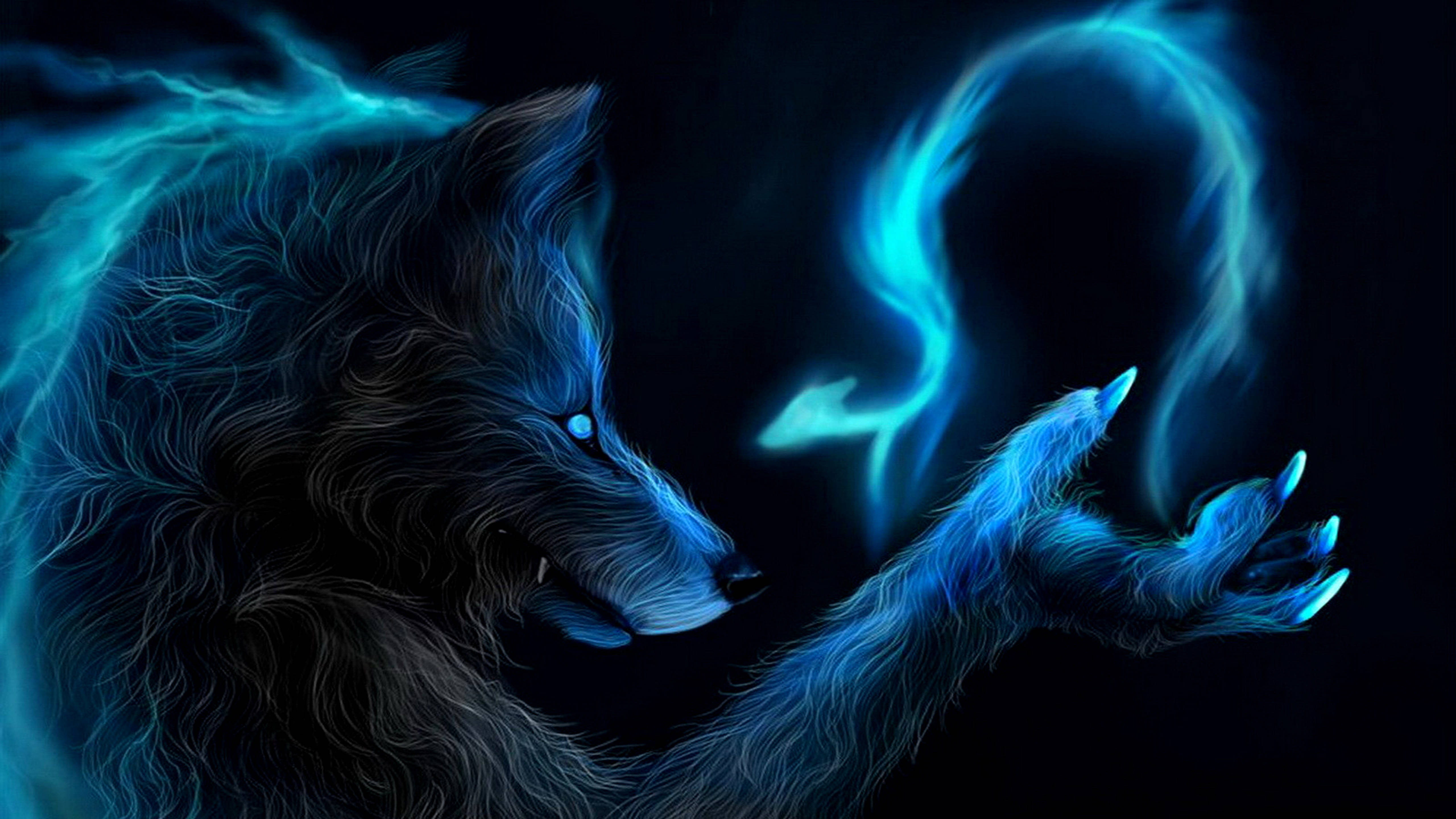 Dark Blue Werewolf Magic, blue glowing wolf, swirling energy vortex, 5K Desktop Wallpaper