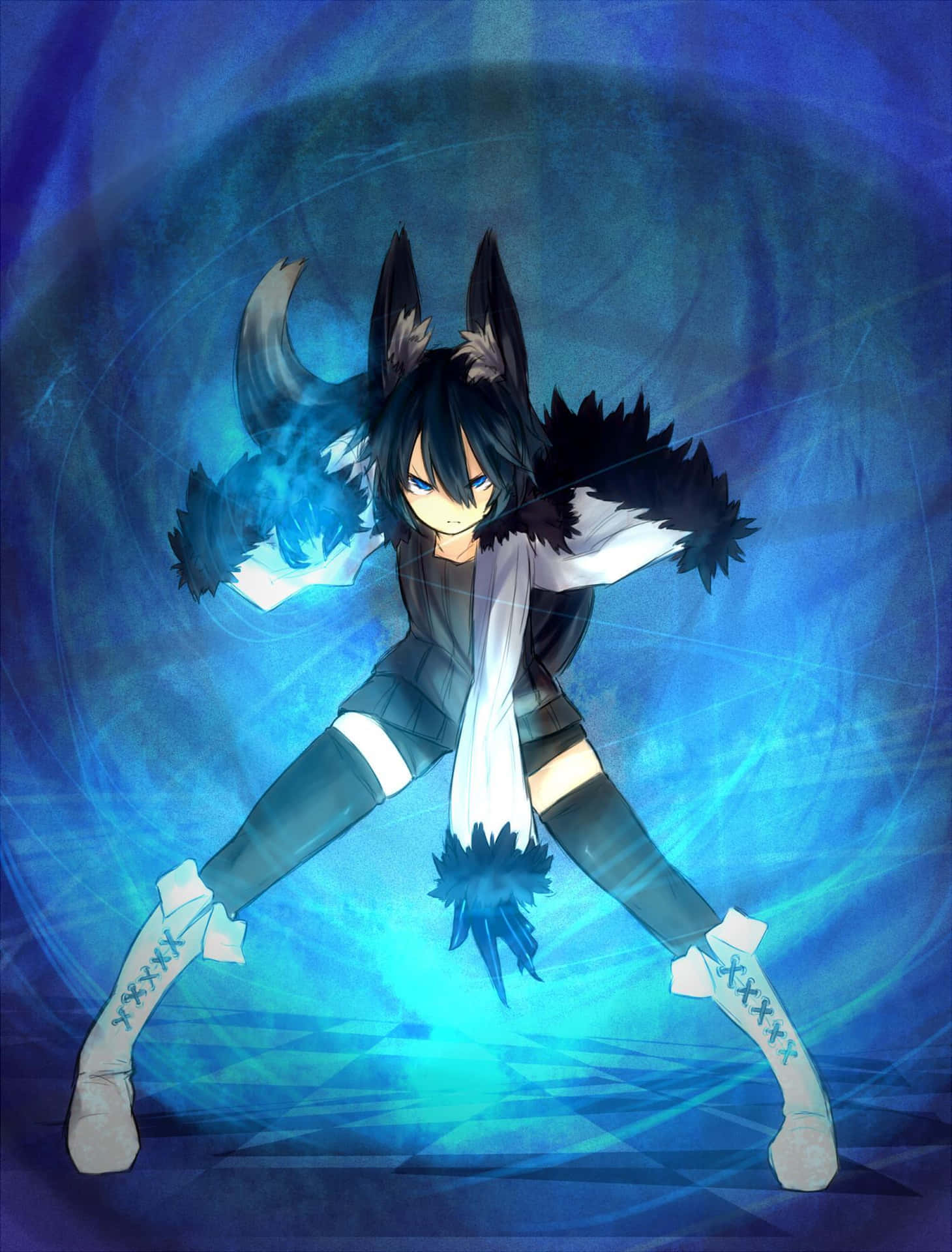 anime wolf warriorin, wolf-eared anime girl, glowing blue energy, Full HD Phone Wallpaper