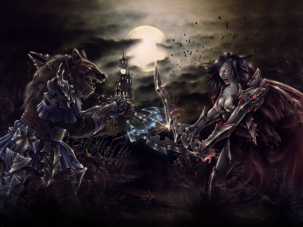 werewolf, vampire, full moon, HD Desktop Wallpaper