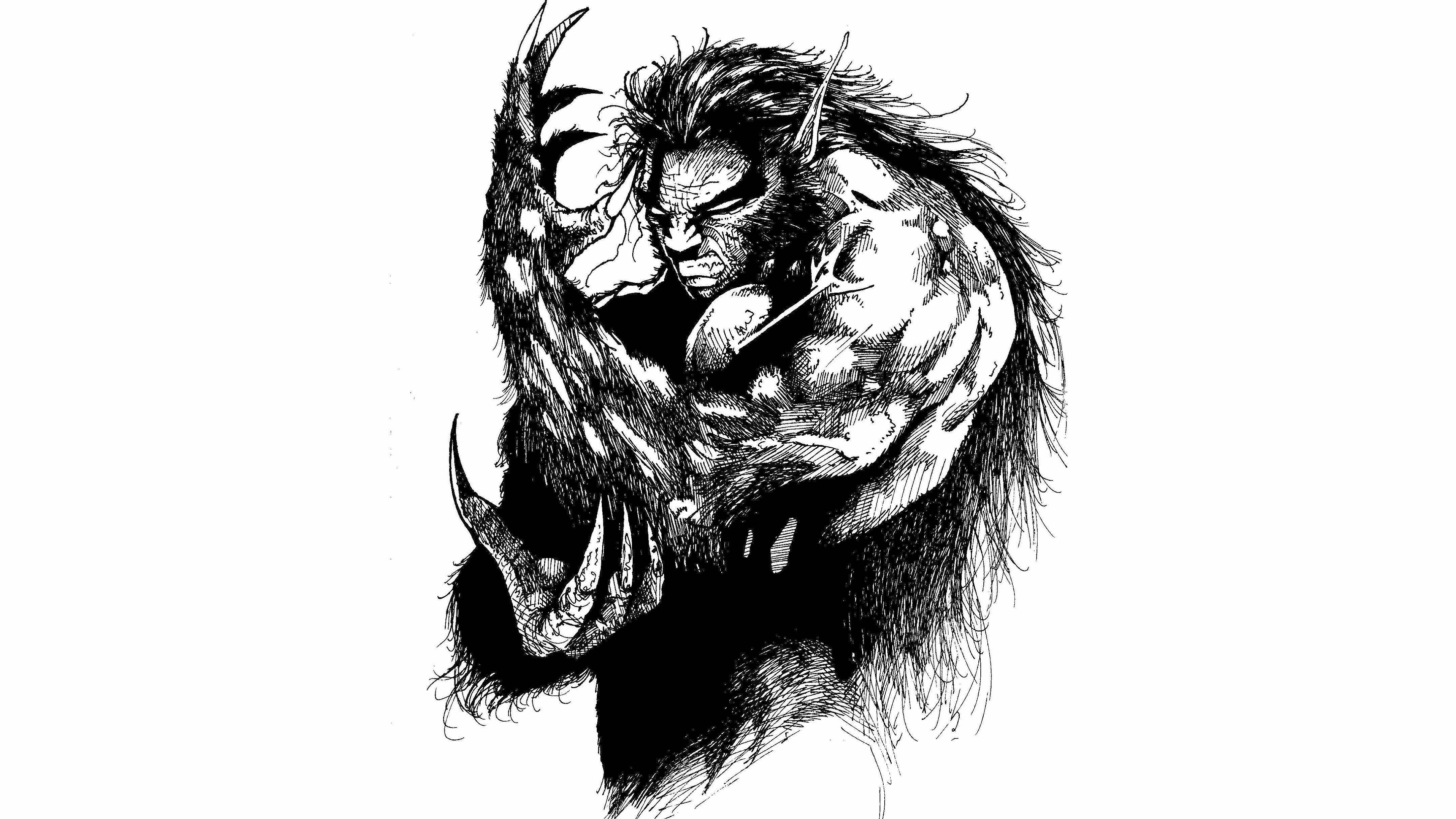 monochrome, werewolf, ink sketch, 4K Desktop Wallpaper