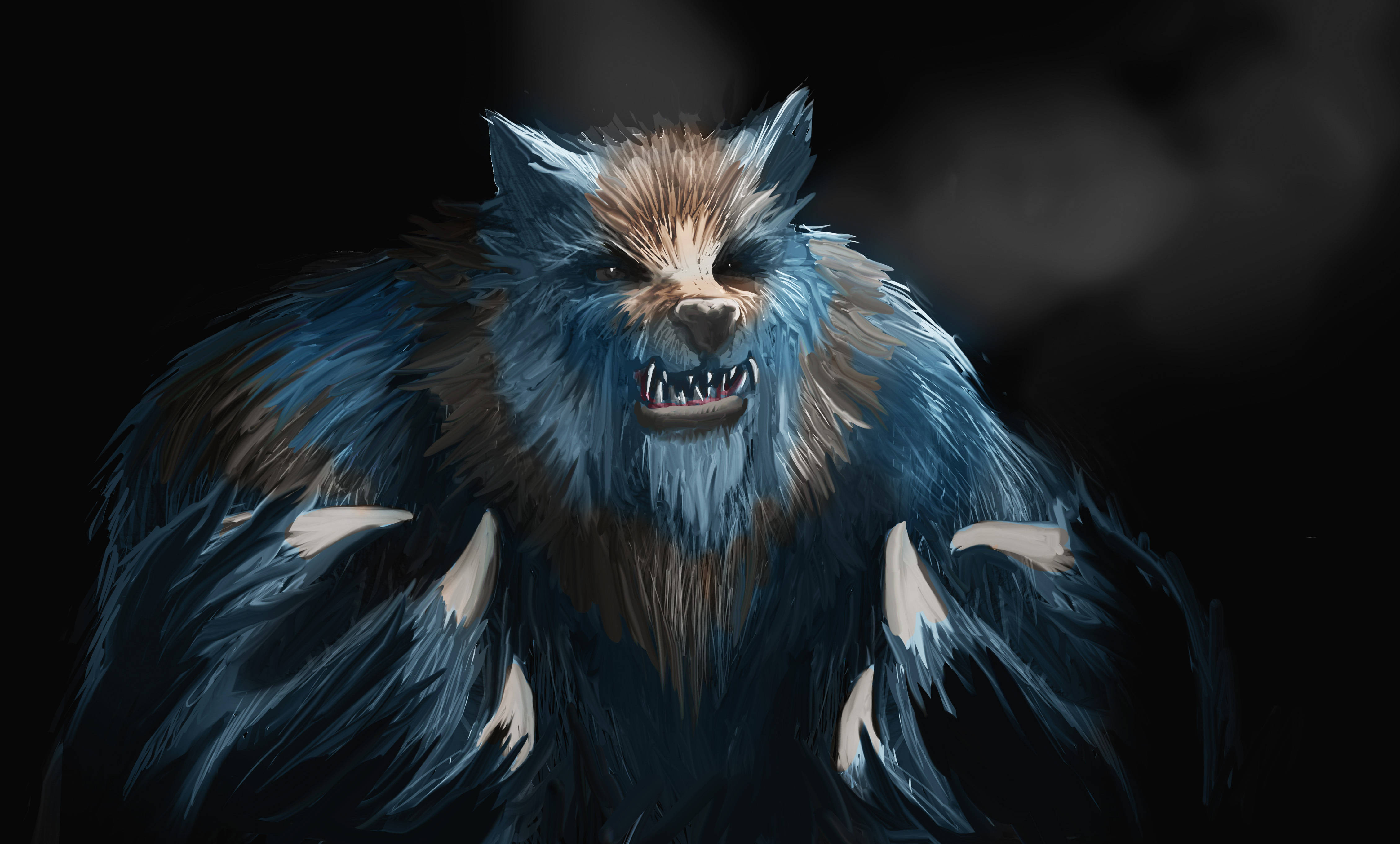 Dark Werewolf Portrait Art, blue-furred werewolf, glowing eyes, 4K Desktop Wallpaper