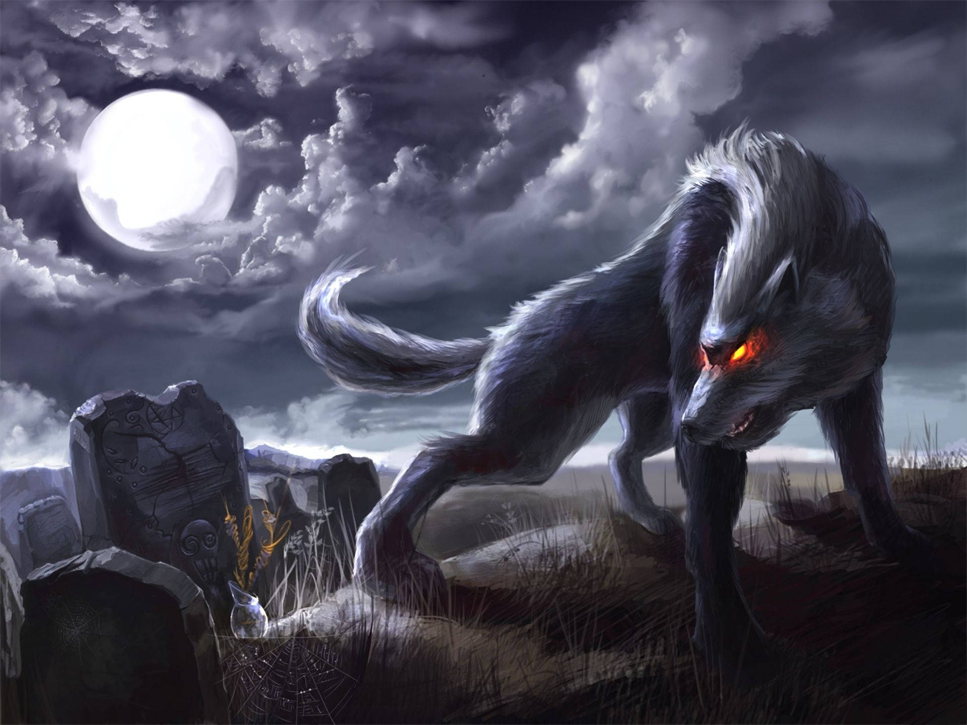 Werewolf, cemetery, moonlit graveyard, Full HD Desktop Wallpaper