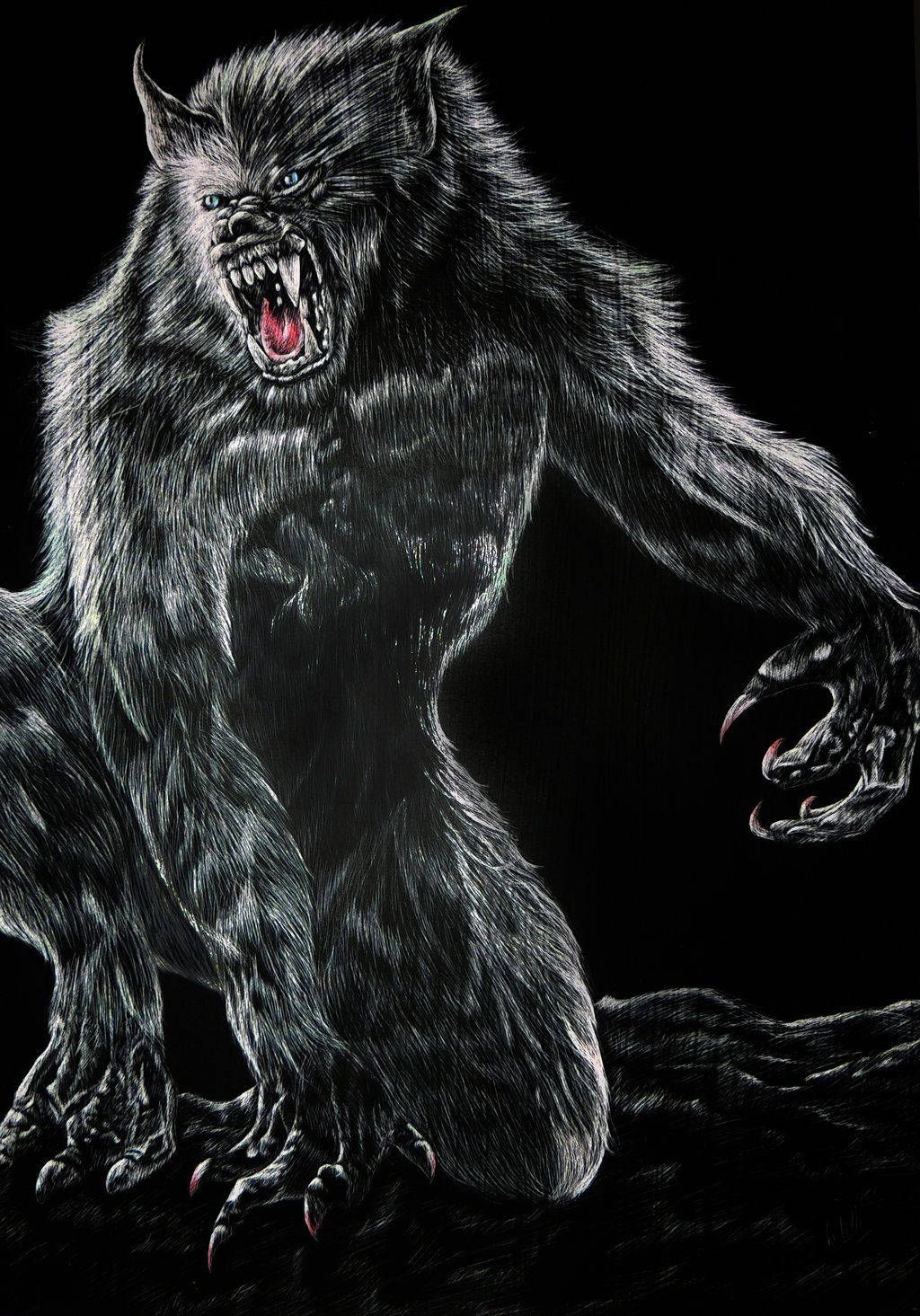 angry werewolf, glowing blue eyes, bared fangs, HD Phone Wallpaper