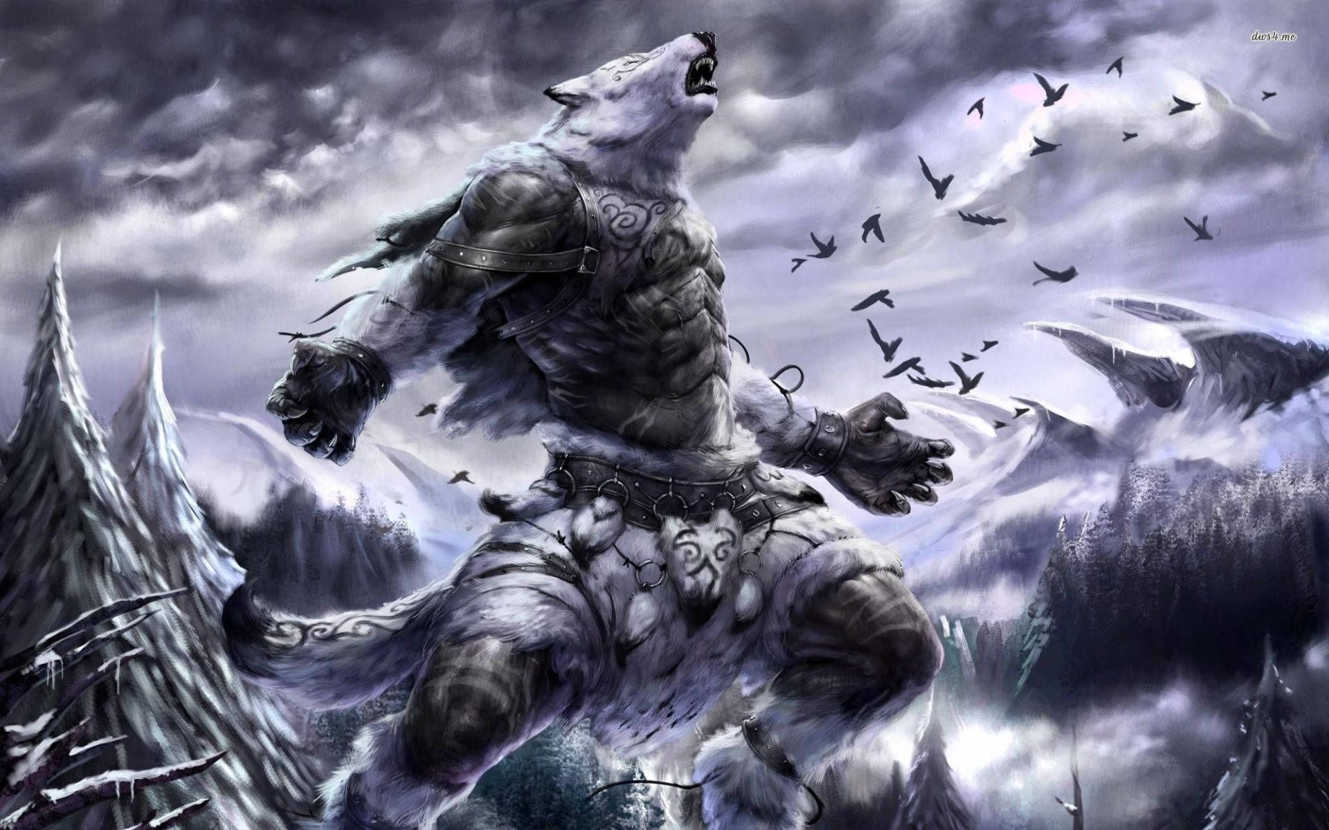 white werewolf, snowy mountain peak, stormy sky, Full HD Desktop Wallpaper