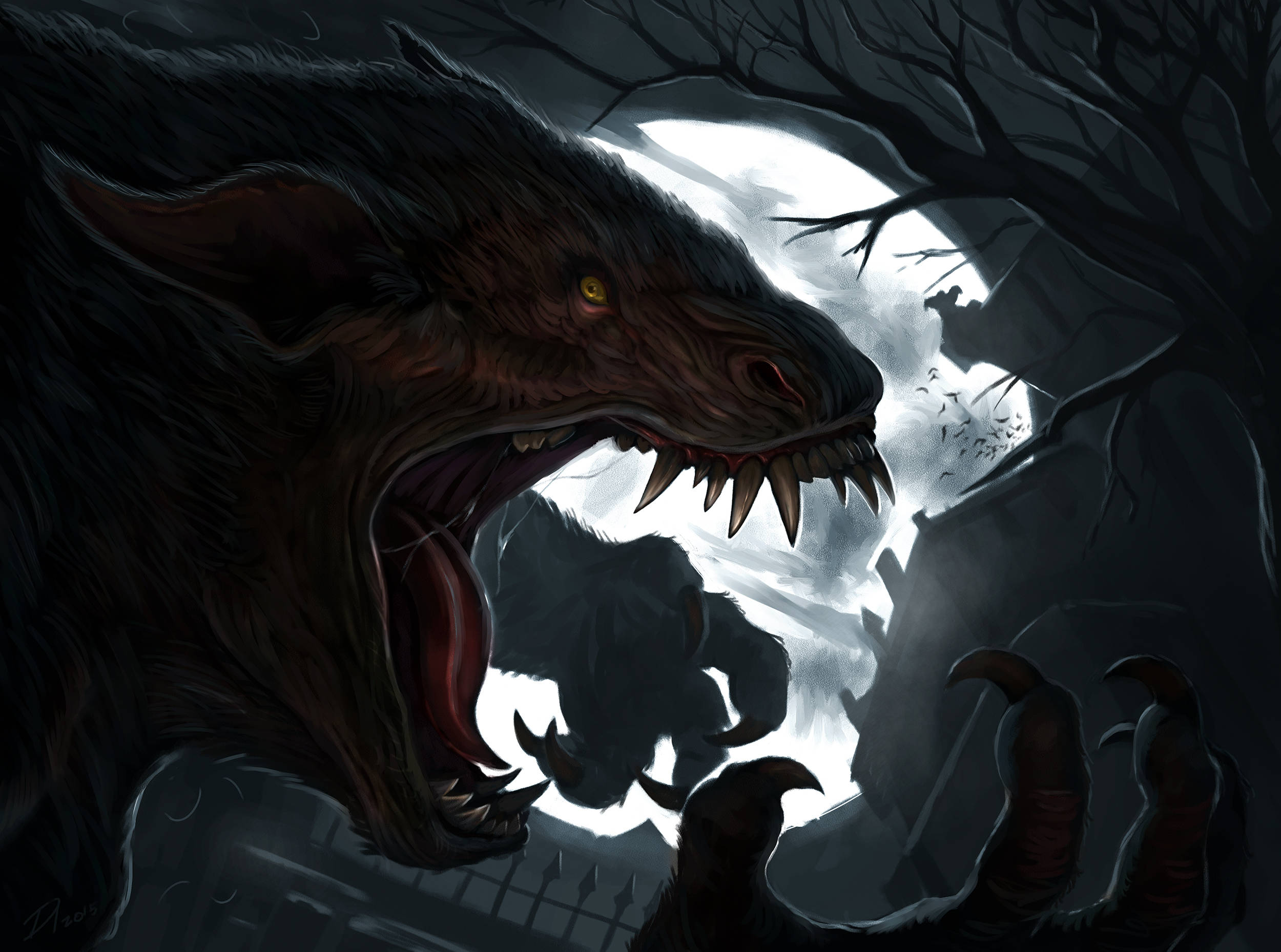 Werewolf, glowing yellow eyes, moonlit backdrop, Full HD Desktop Wallpaper