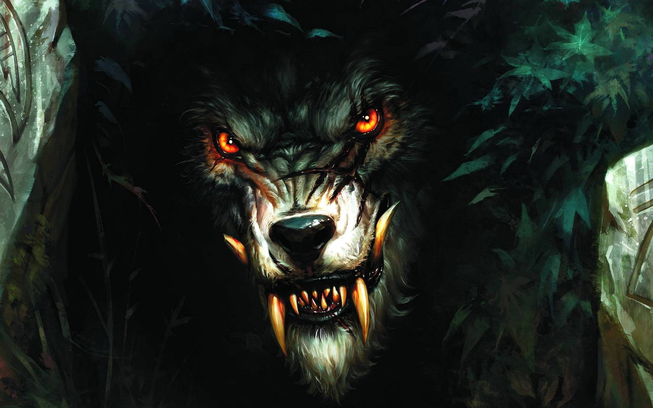 werewolf, glowing orange eyes, sharp fangs, 2K Desktop Wallpaper