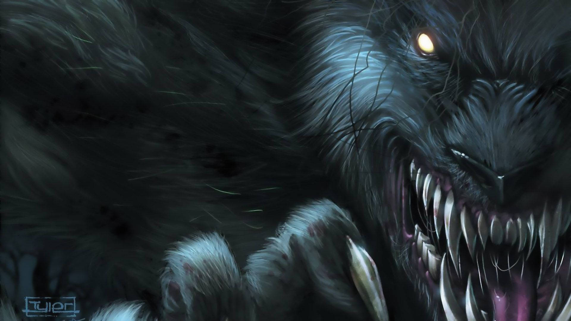 werewolf, dark-furred, glowing yellow eyes, Full HD Desktop Wallpaper