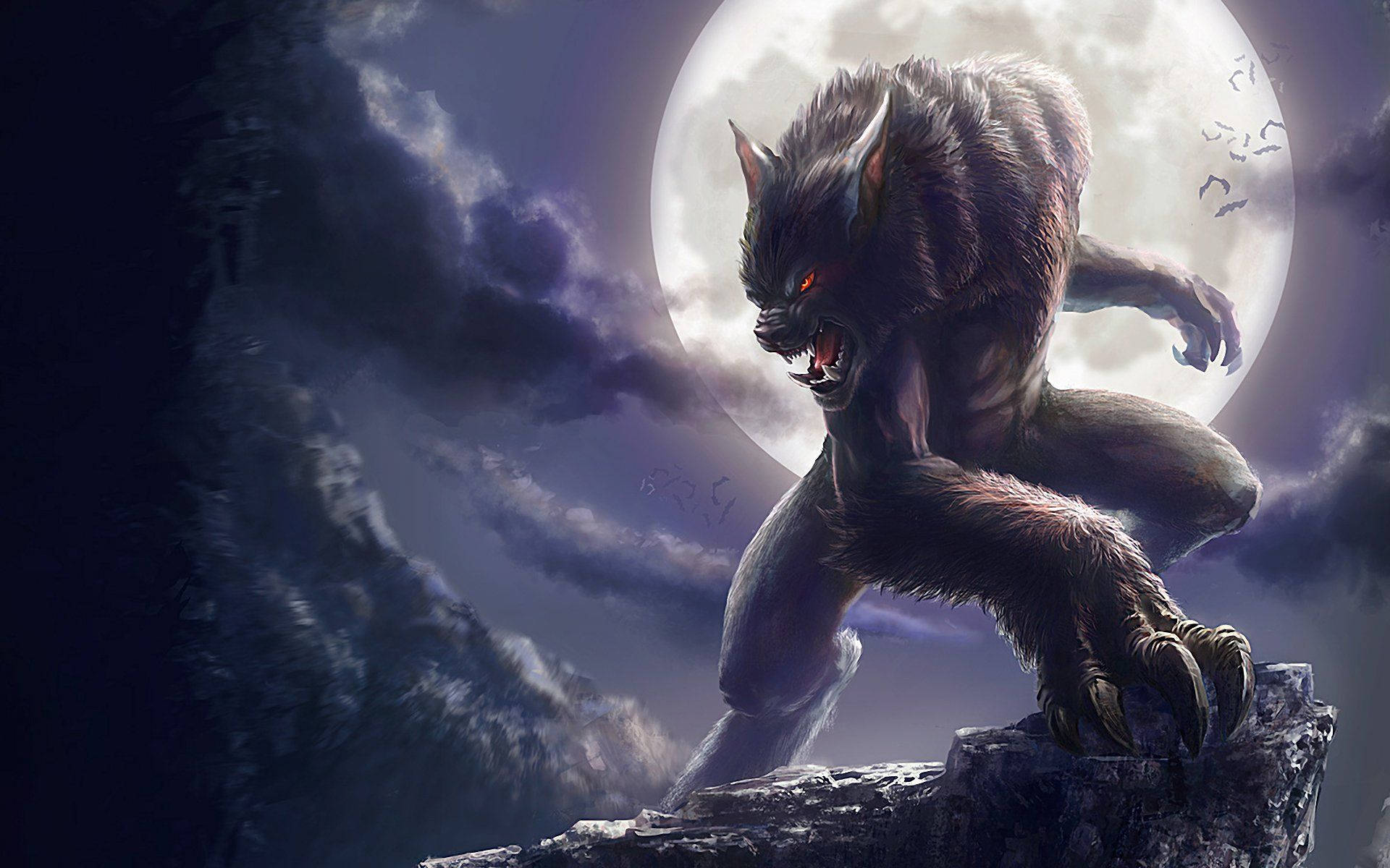 Werewolf, full moon, rocky cliff, Full HD Desktop Wallpaper