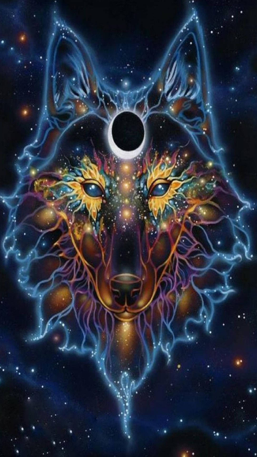 cosmic wolf, starry eyes, lightning veins, Full HD Phone Wallpaper