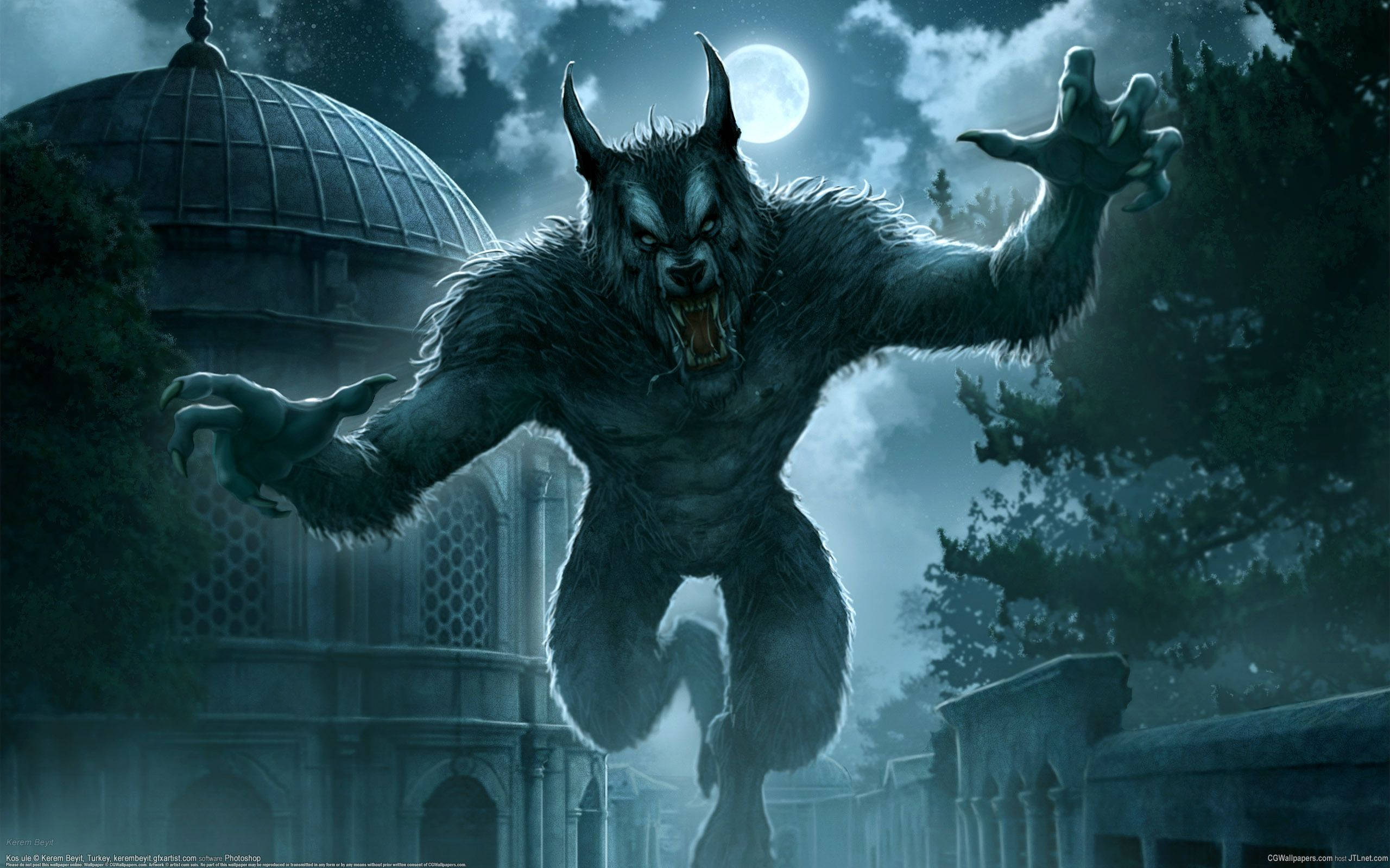 werewolf, glowing eyes, sharp claws, 2K Desktop Wallpaper