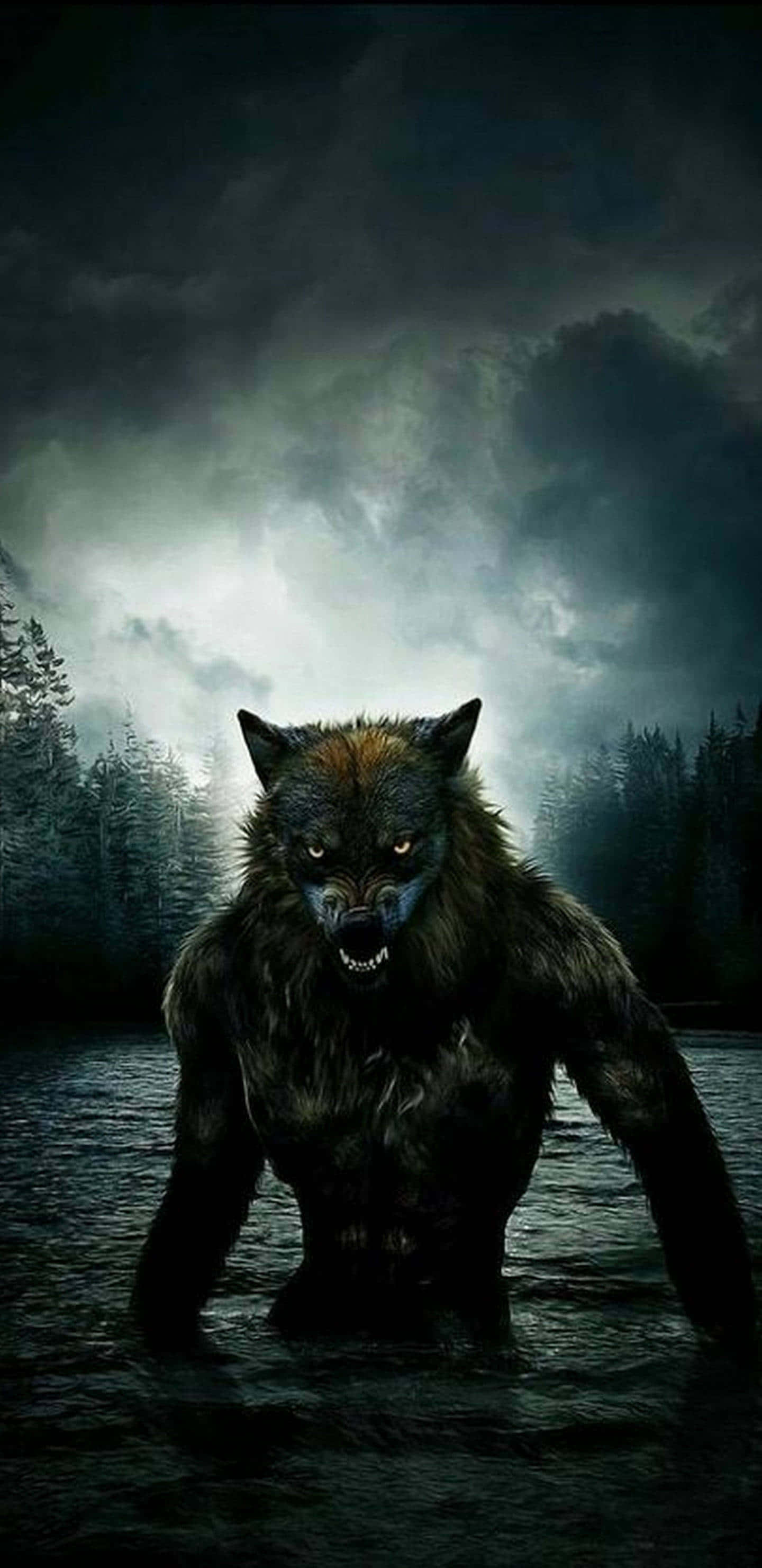 werewolf, glowing eyes, dark water, 2K Phone Wallpaper