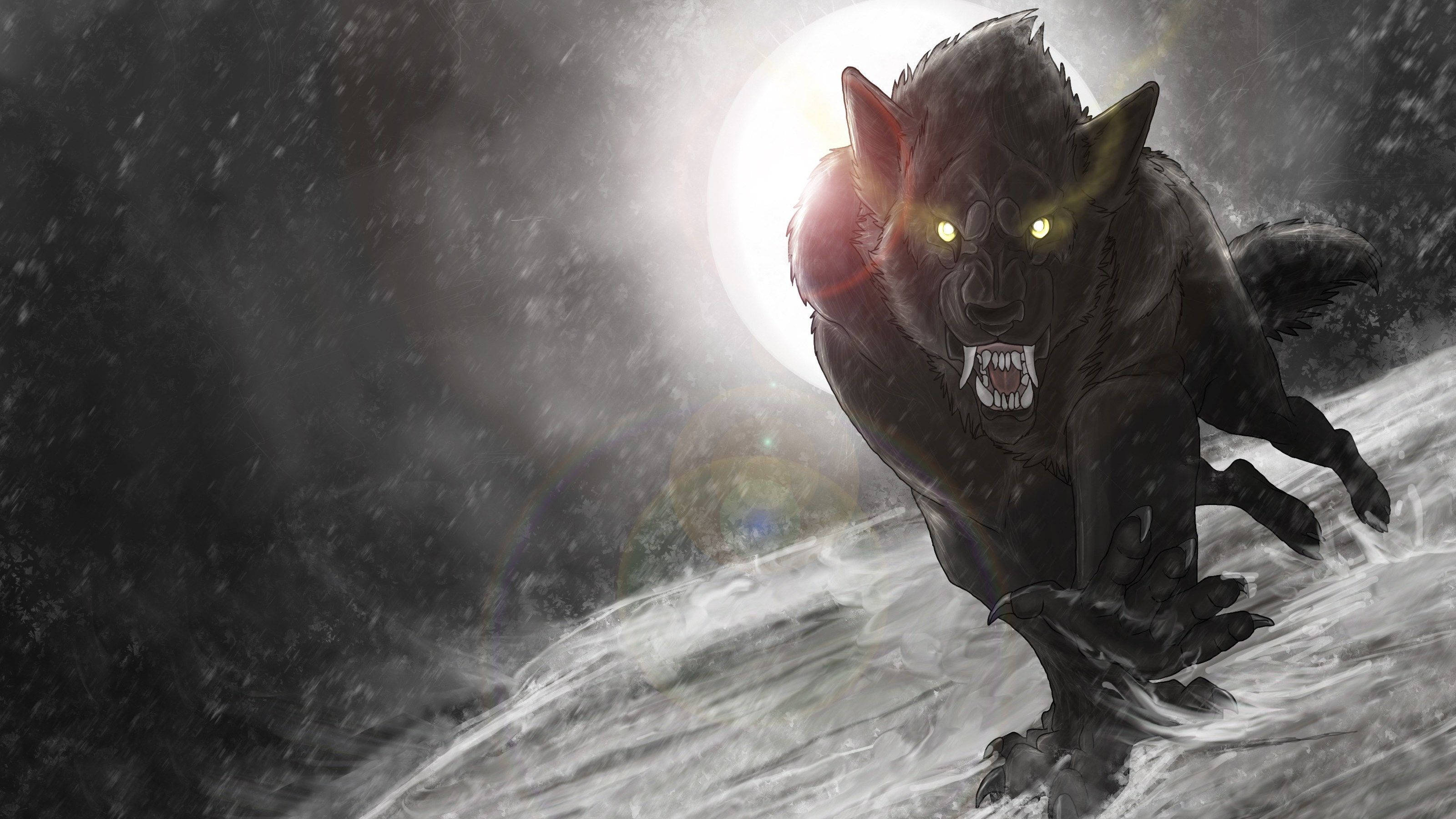 black werewolf, snowy landscape, full moon, 2K Desktop Wallpaper