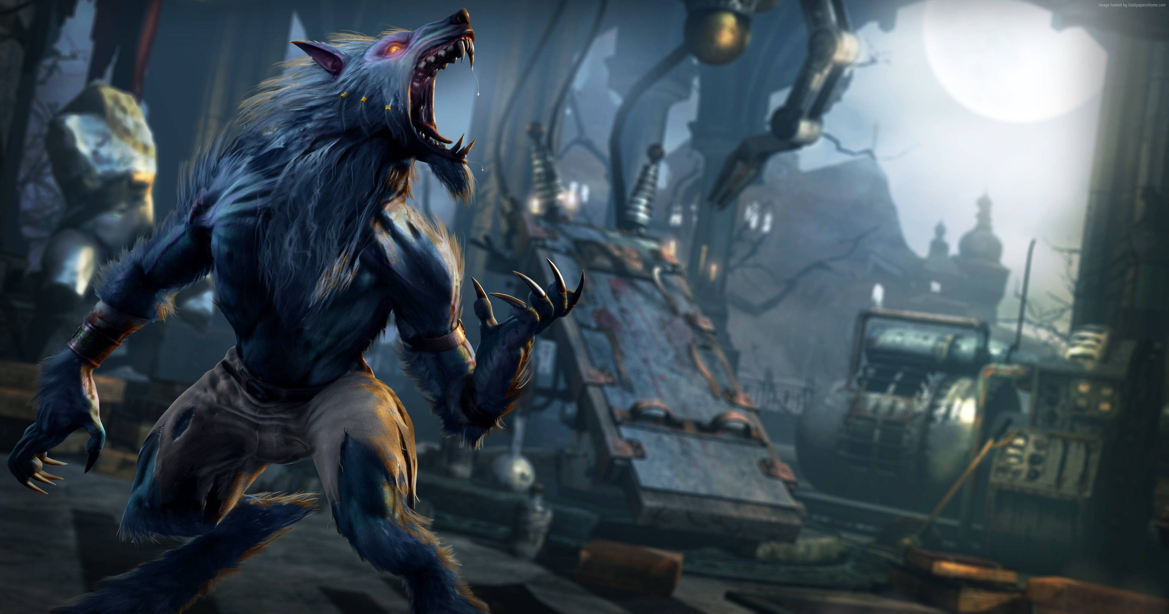 Werewolf, Full Moon, Blue werewolf, 4K Desktop Wallpaper