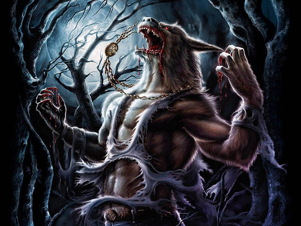 werewolf, moonlit forest, bloodied teeth, SD Desktop Wallpaper