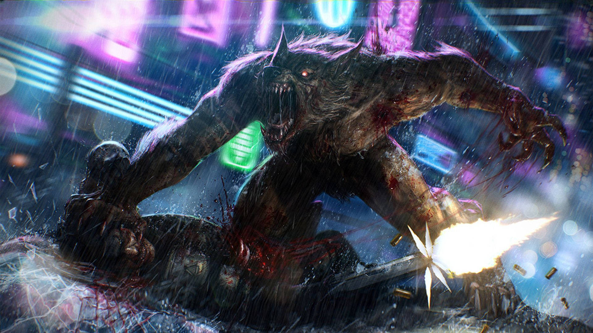Werewolf, neon-drenched city street, rain-soaked battle, Full HD Desktop Wallpaper