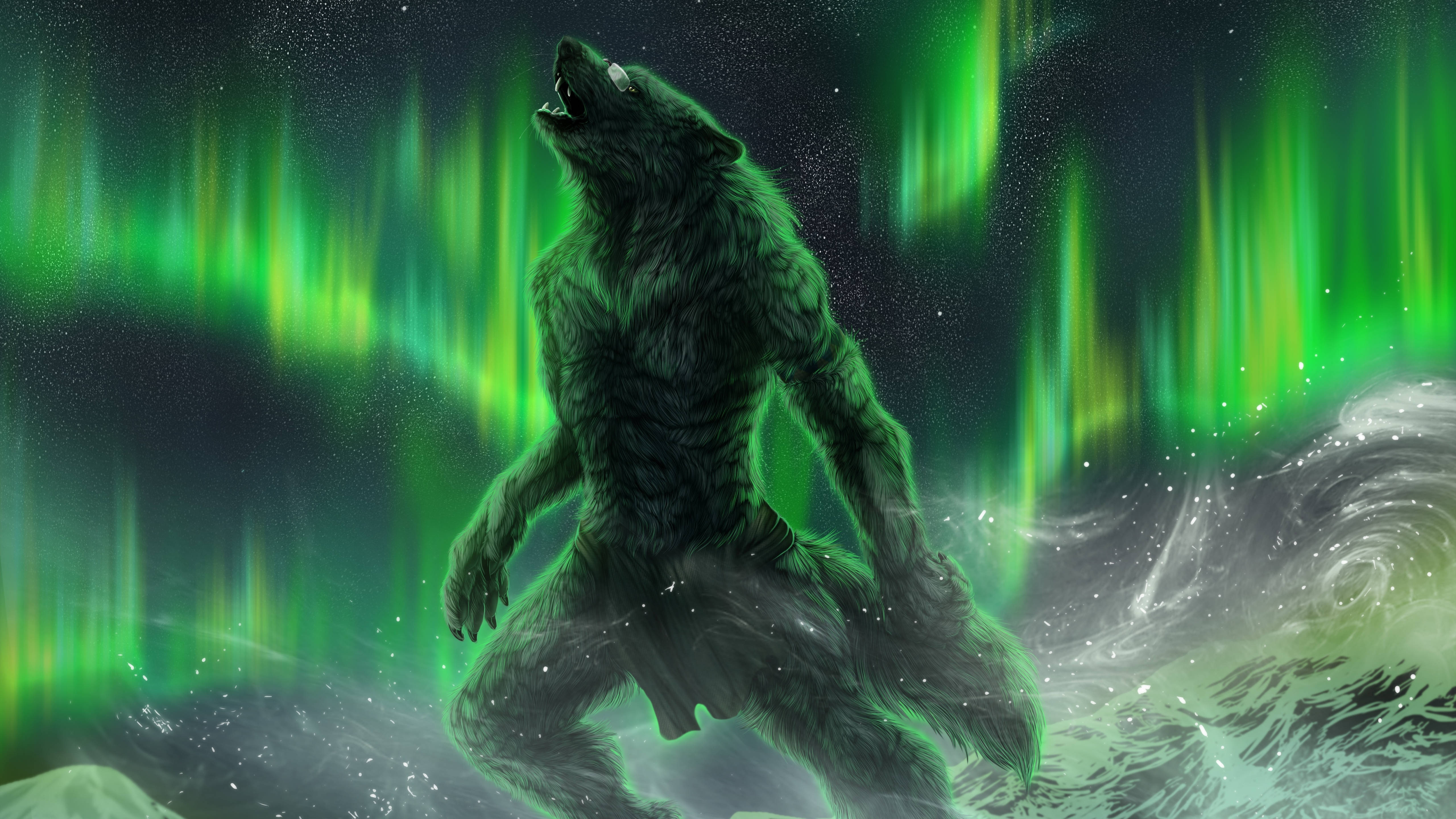 werewolf, aurora borealis, green aurora, 5K Desktop Wallpaper