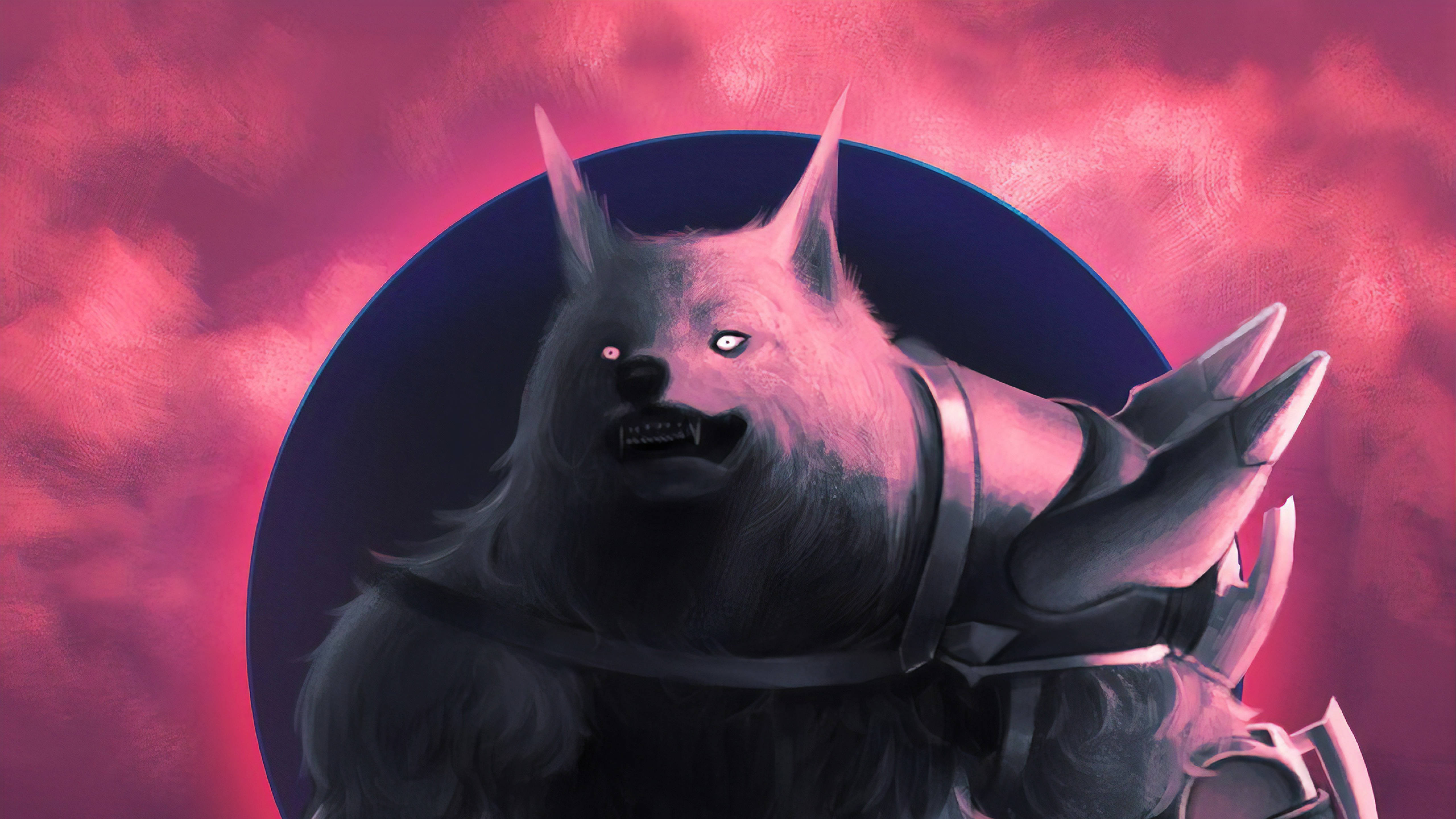 Pink Retrowave Werewolf Portrait, glowing eyes, swirling pink and purple sky, 5K Desktop Wallpaper