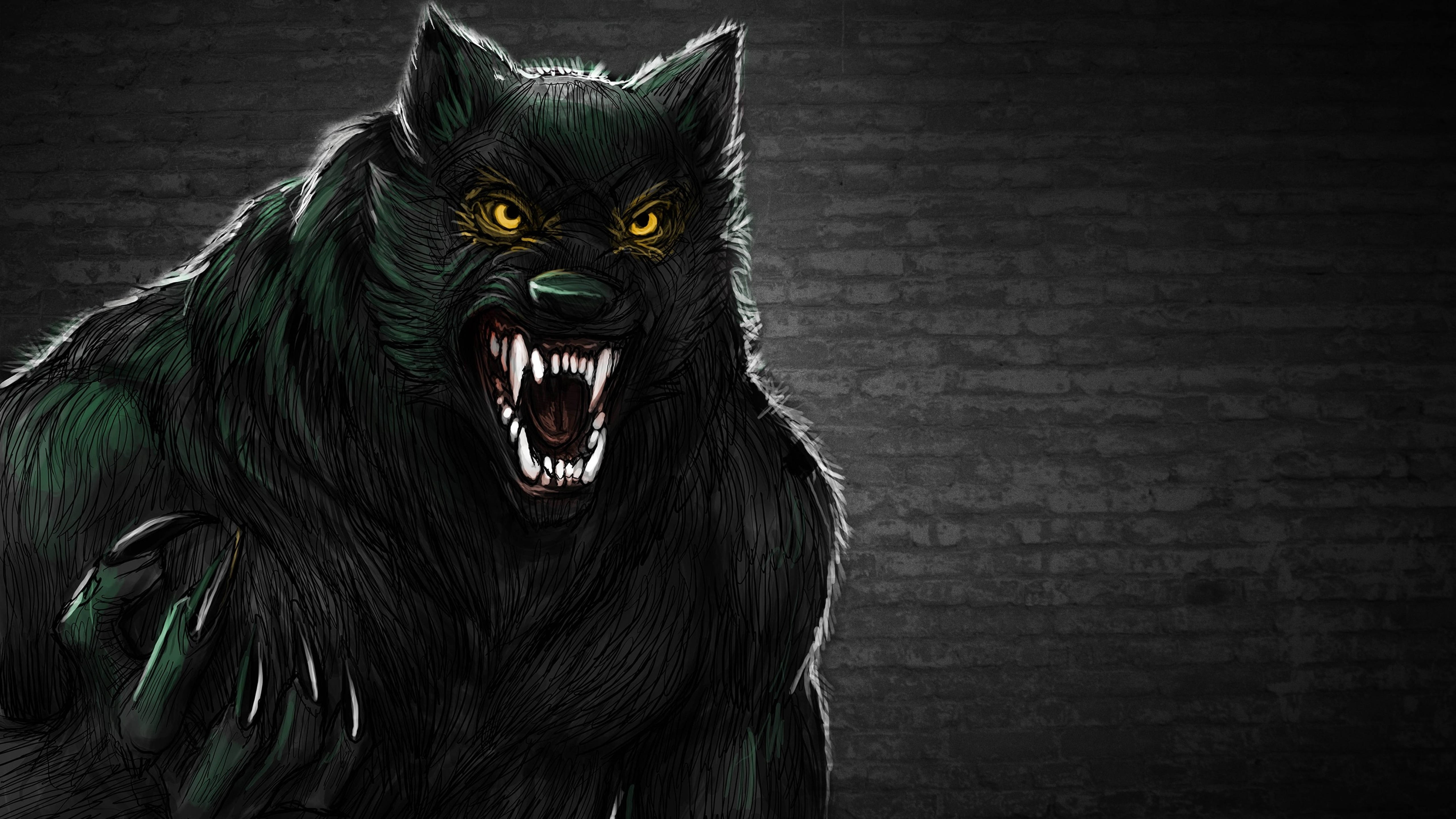 dark urban werewolf, black wolf, glowing yellow eyes, 5K Desktop Wallpaper