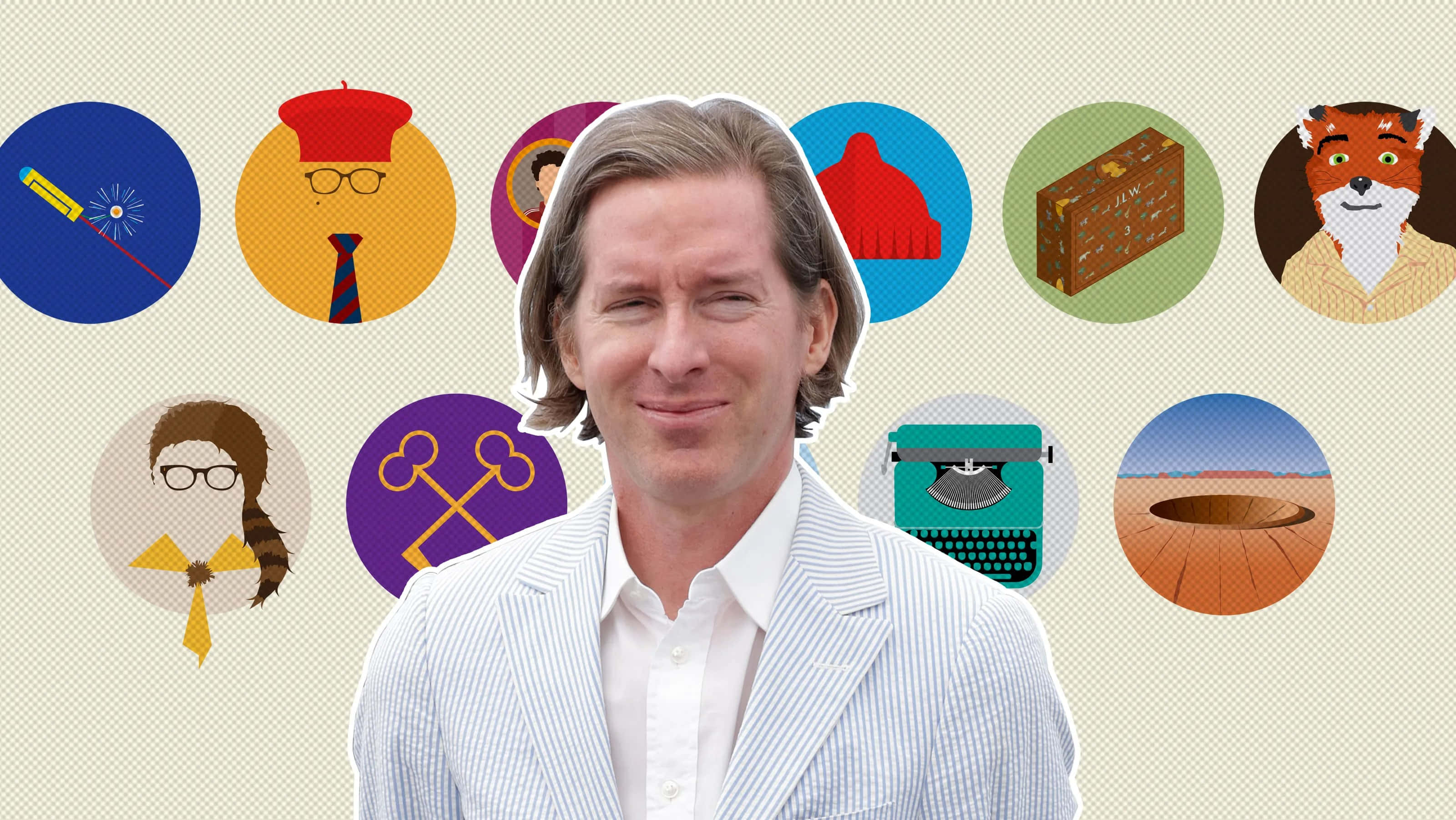 Wes Anderson, striped suit, fox typewriter, 2K Desktop Wallpaper