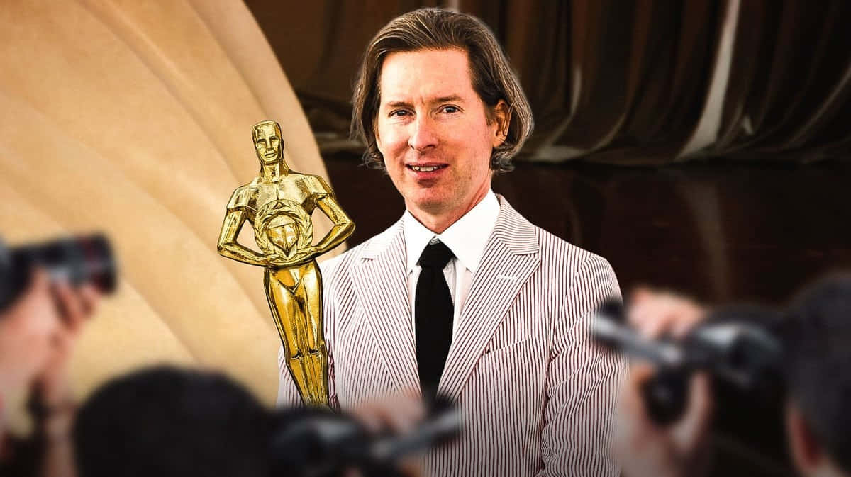 Wes Anderson, pinstripe suit, golden Oscar statue, SD Desktop Wallpaper