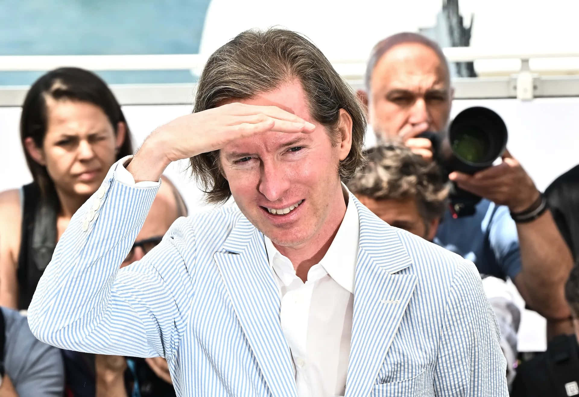 Wes Anderson, blue striped suit, bright sunlight, Full HD Desktop Wallpaper