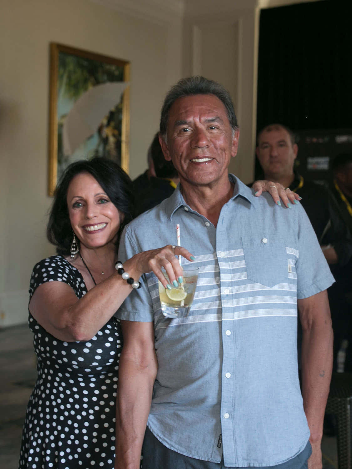Wes Studi, blue striped shirt, black polka dot dress, HD Phone Wallpaper
