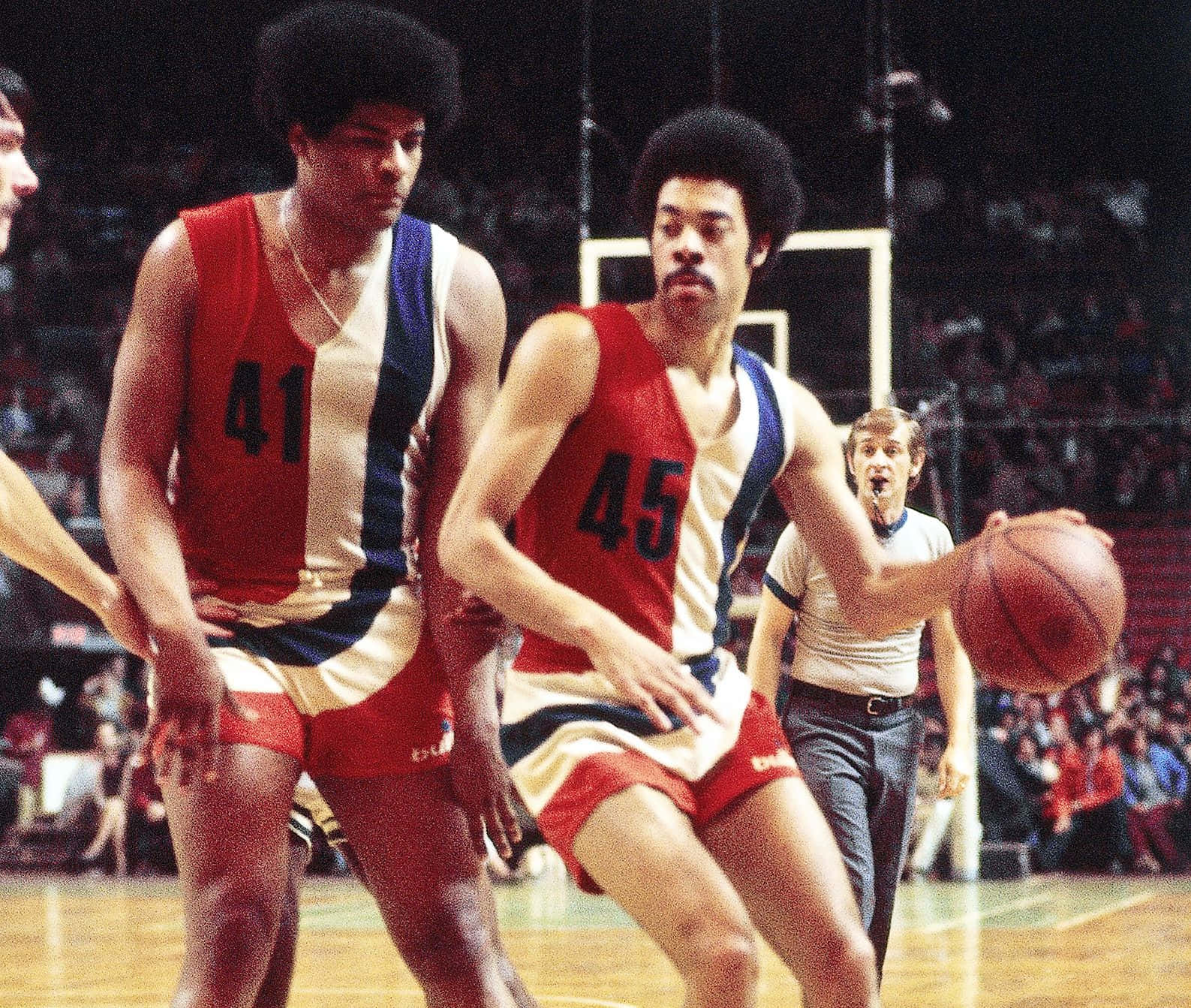 Wes Unseld, red white and blue jerseys, bright arena lights, HD Desktop Wallpaper