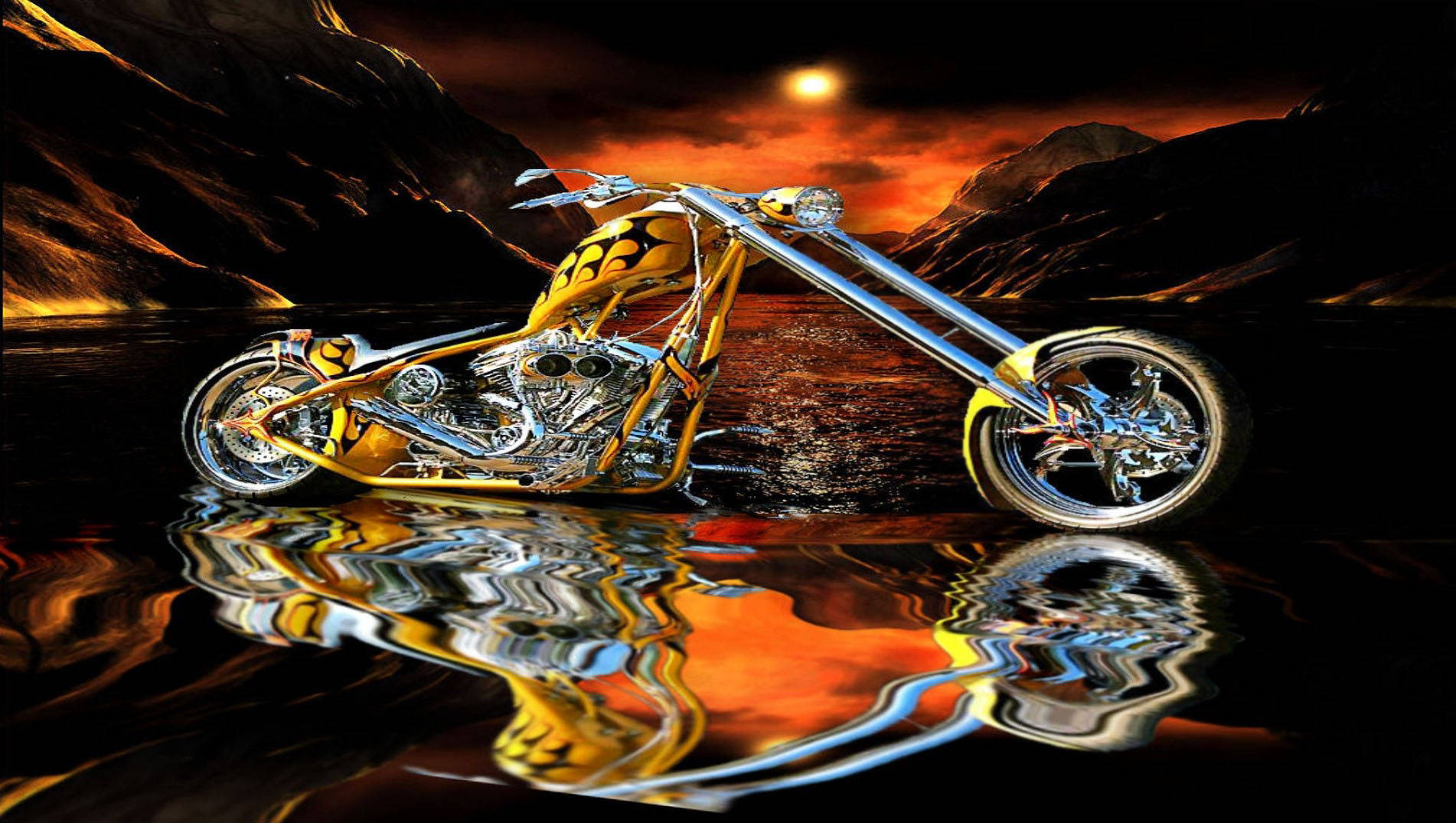 West Coast Choppers, yellow motorbike, chrome details, HD Desktop Wallpaper