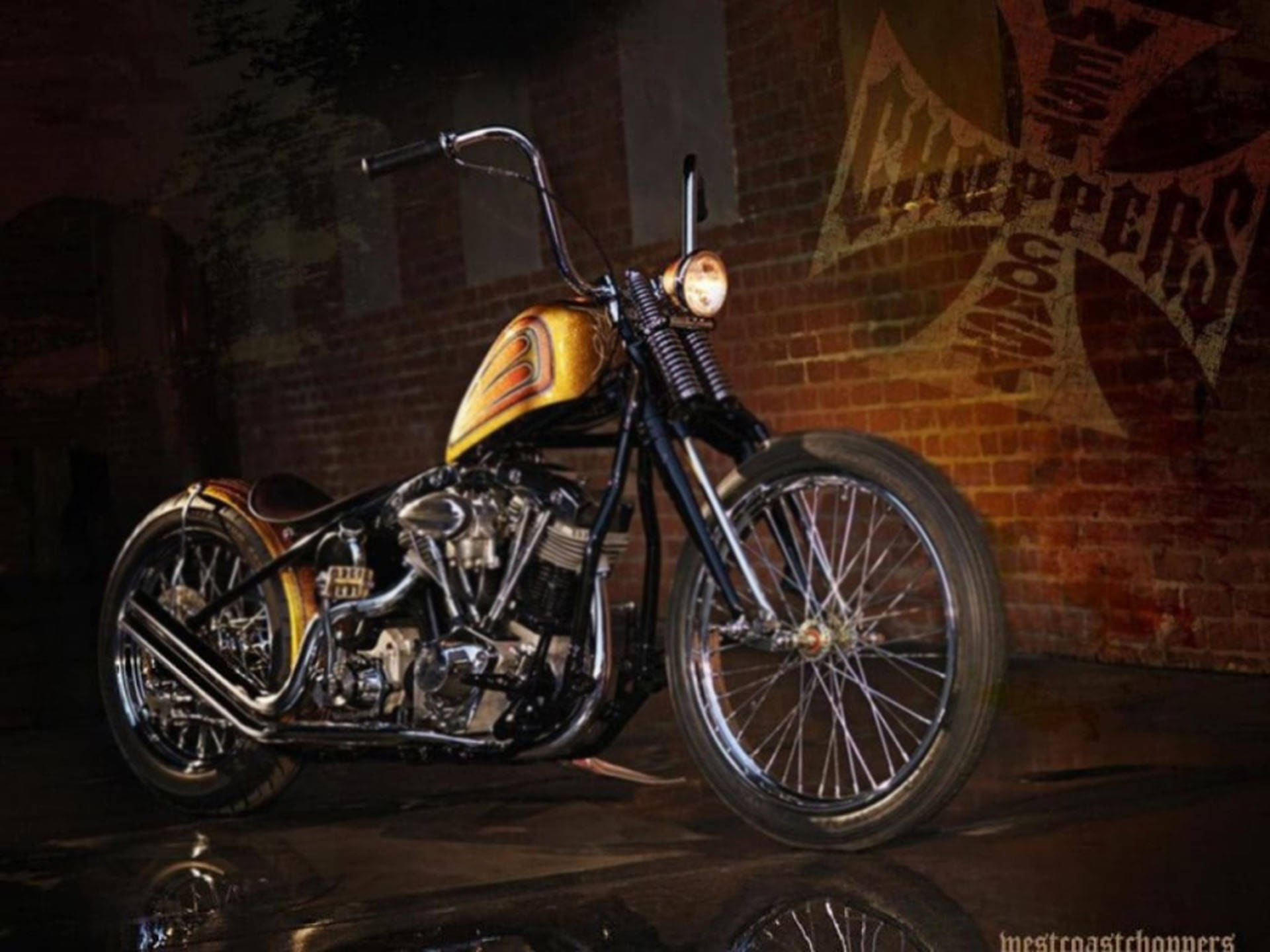 West Coast Choppers, golden motorbike, gold flame paint, Full HD Desktop Wallpaper