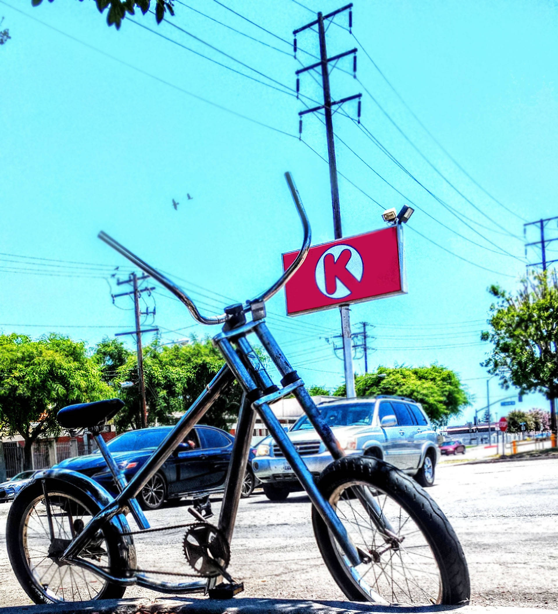 West Coast Choppers, chrome bicycle, red Kmart sign, Full HD Phone Wallpaper