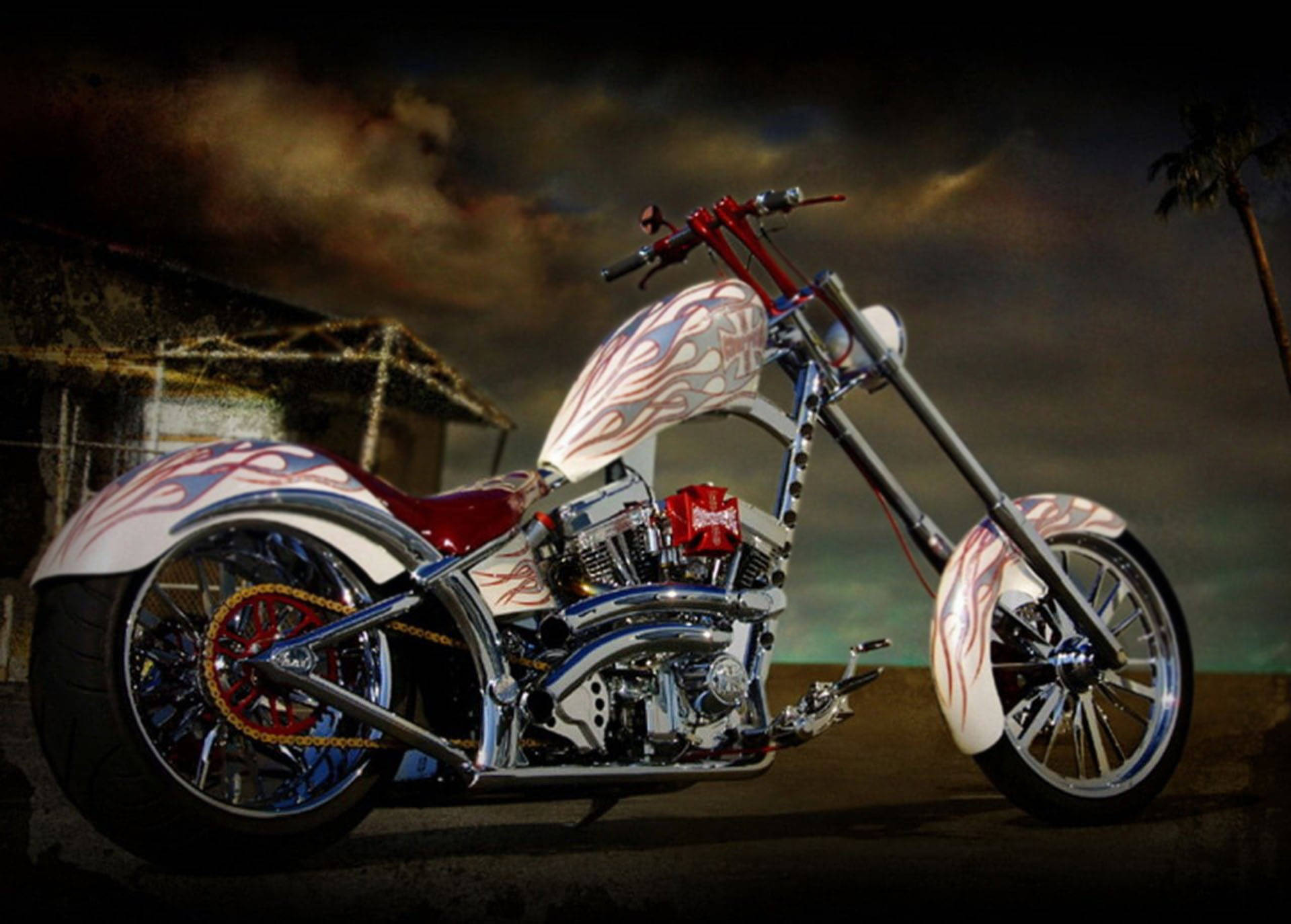 West Coast Choppers, Fiery White, chrome details, Full HD Desktop Wallpaper