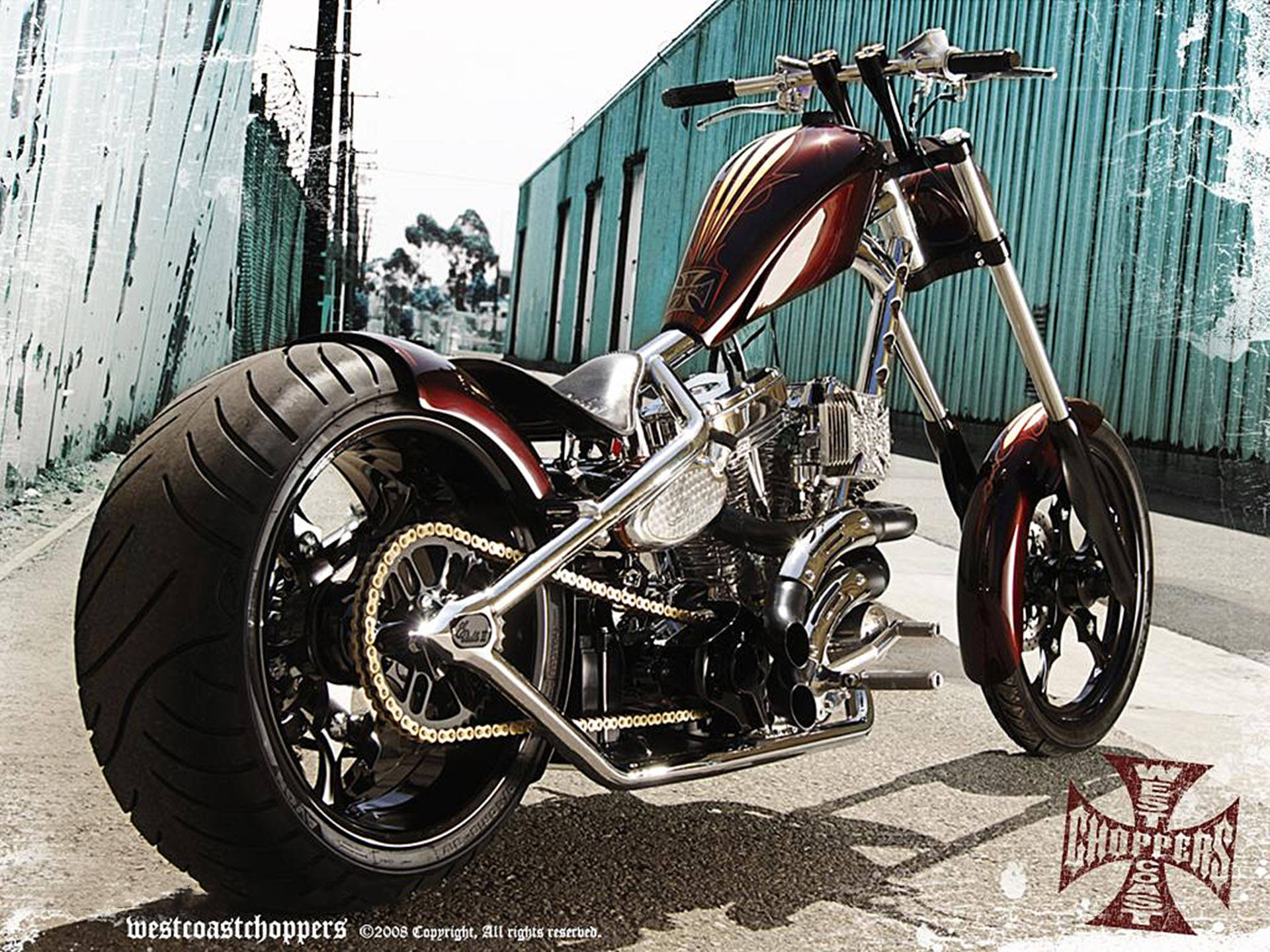 West Coast Choppers, maroon, massive front tire, Full HD Desktop Wallpaper