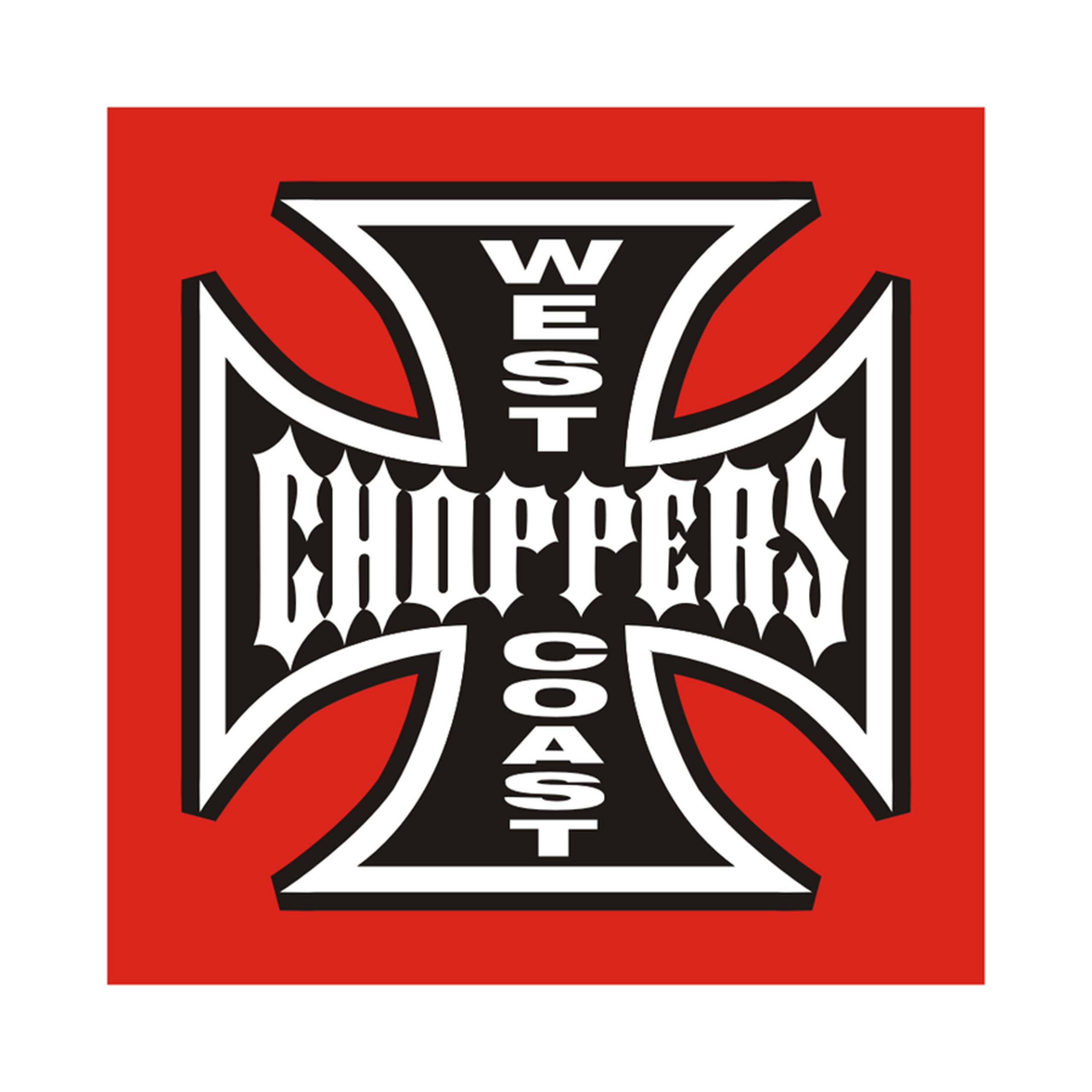 West Coast Choppers, red background, black and white stylized cross, 2K Desktop Wallpaper