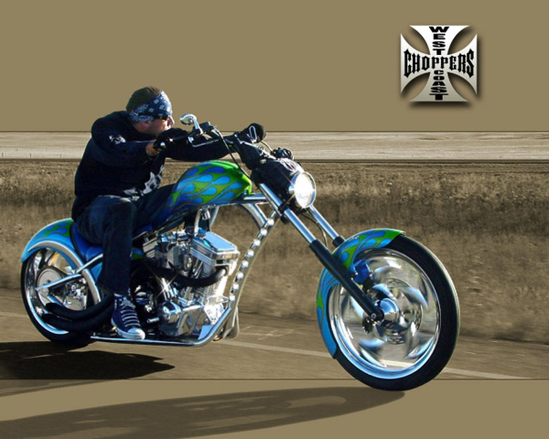 West Coast Choppers, custom blue and green chopper motorcycle, paved road, Full HD Desktop Wallpaper