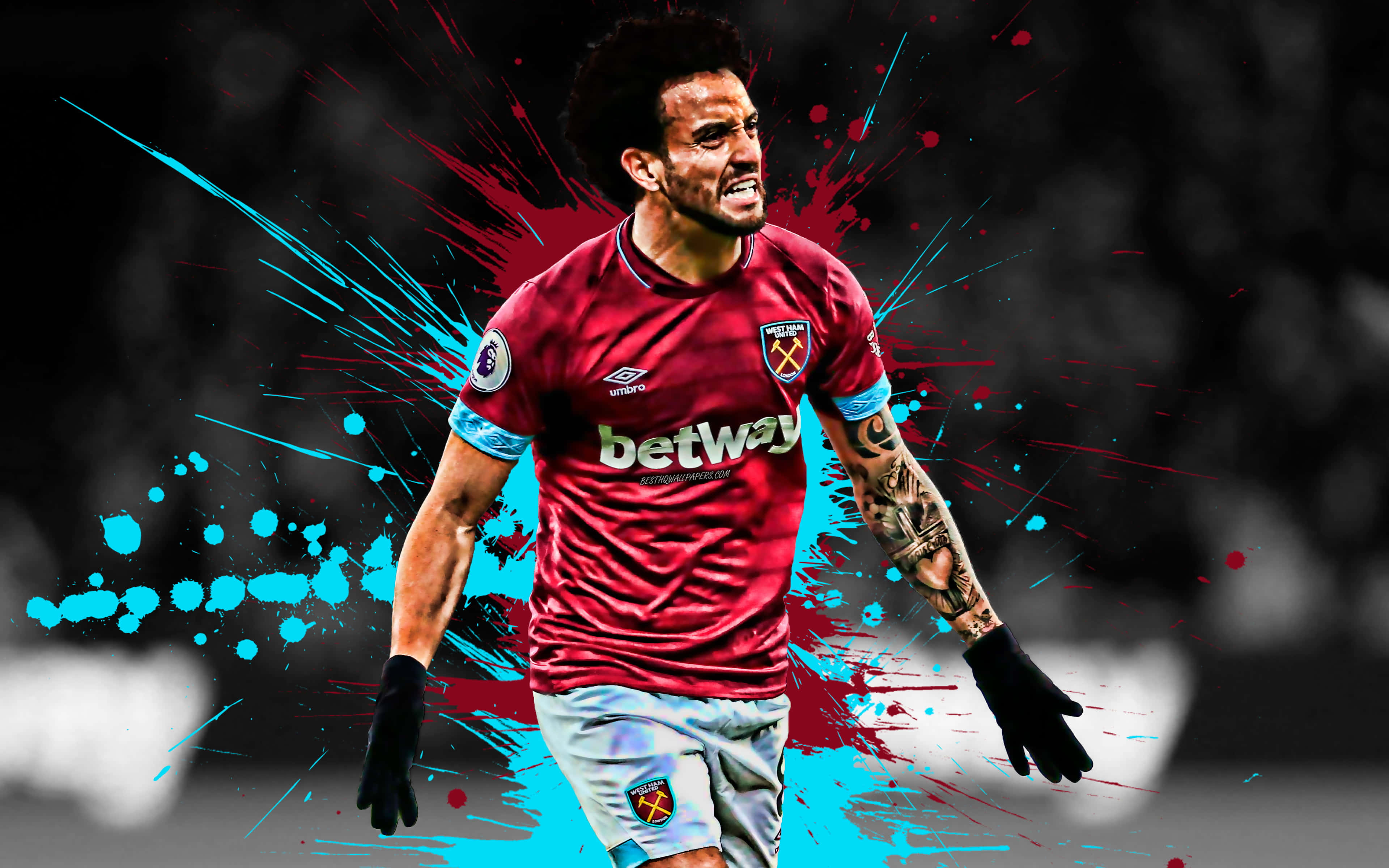 West Ham United FC, red West Ham jersey, blue and red paint splatters, 4K Desktop Wallpaper