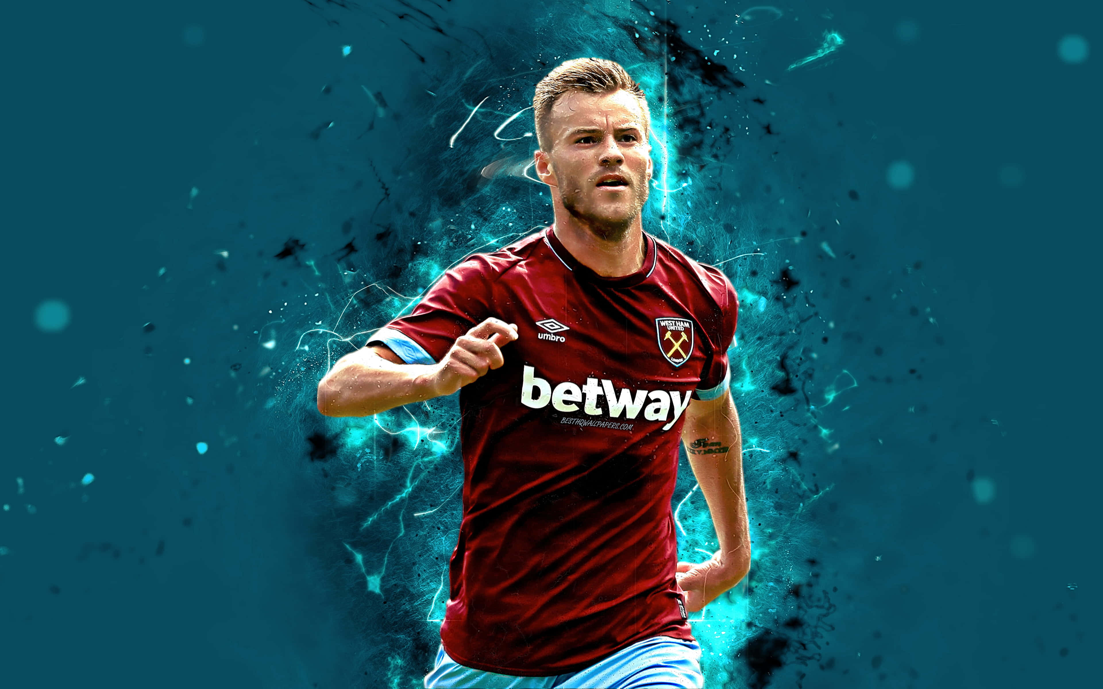 West Ham United FC, maroon jersey, electric blue energy particles, 4K Desktop Wallpaper
