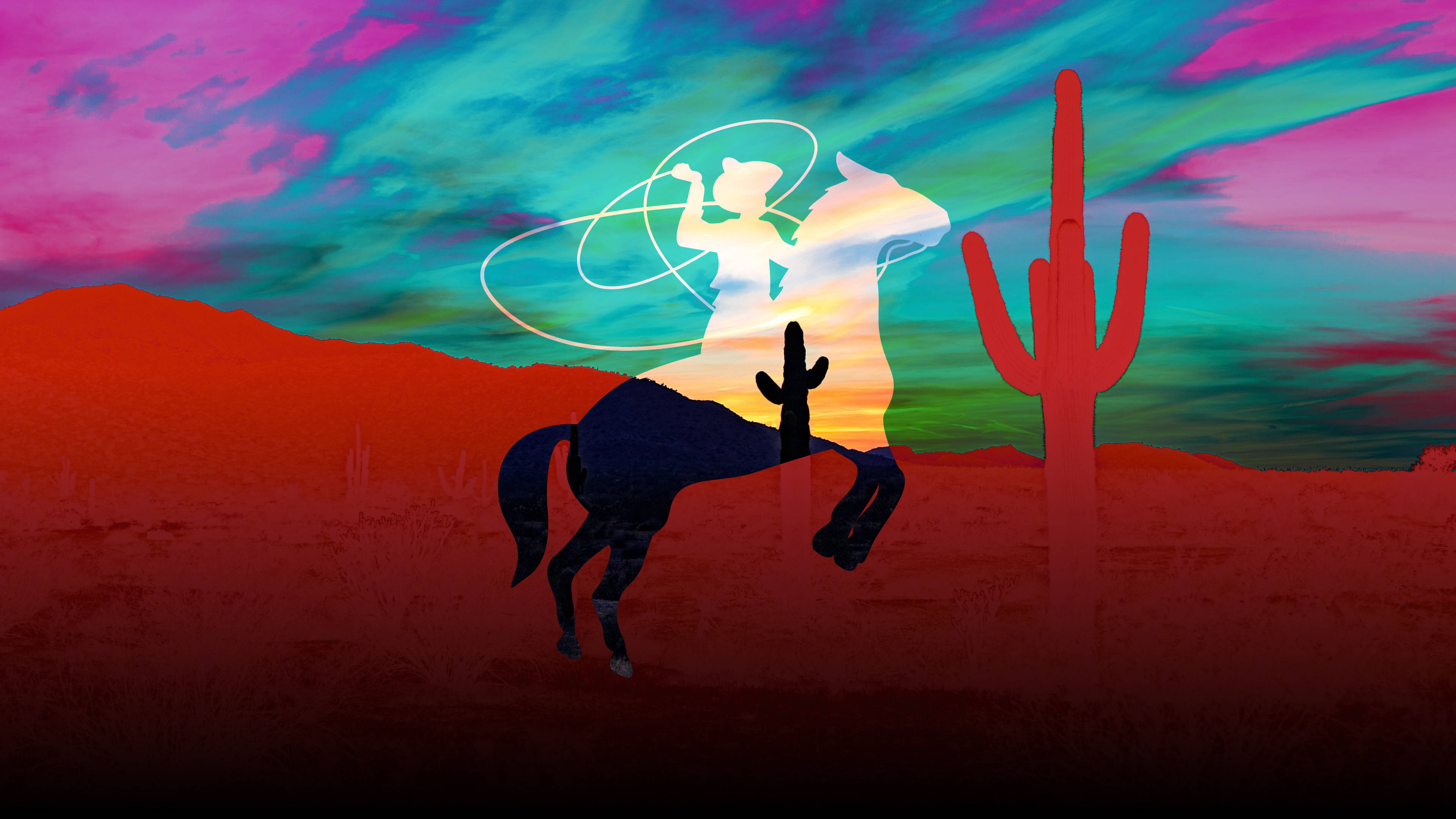 cowboy silhouette, bucking horse, surreal sunset sky, 4K Desktop Wallpaper
