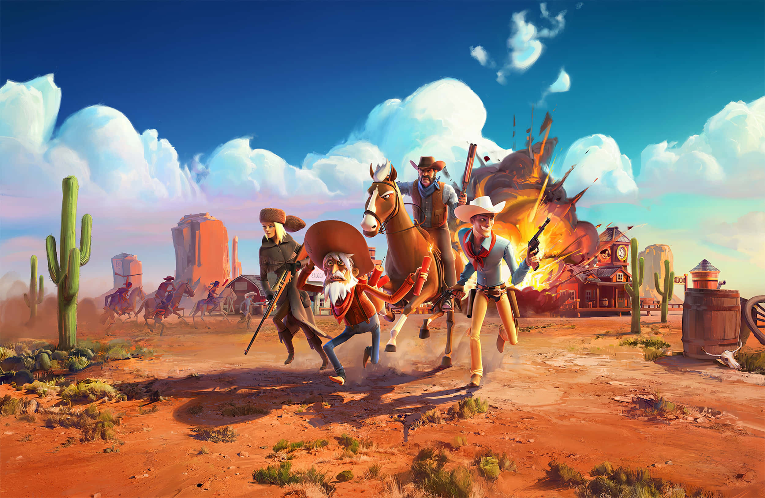 Wild West Theme, cartoon cowboys, horses, Full HD Desktop Wallpaper