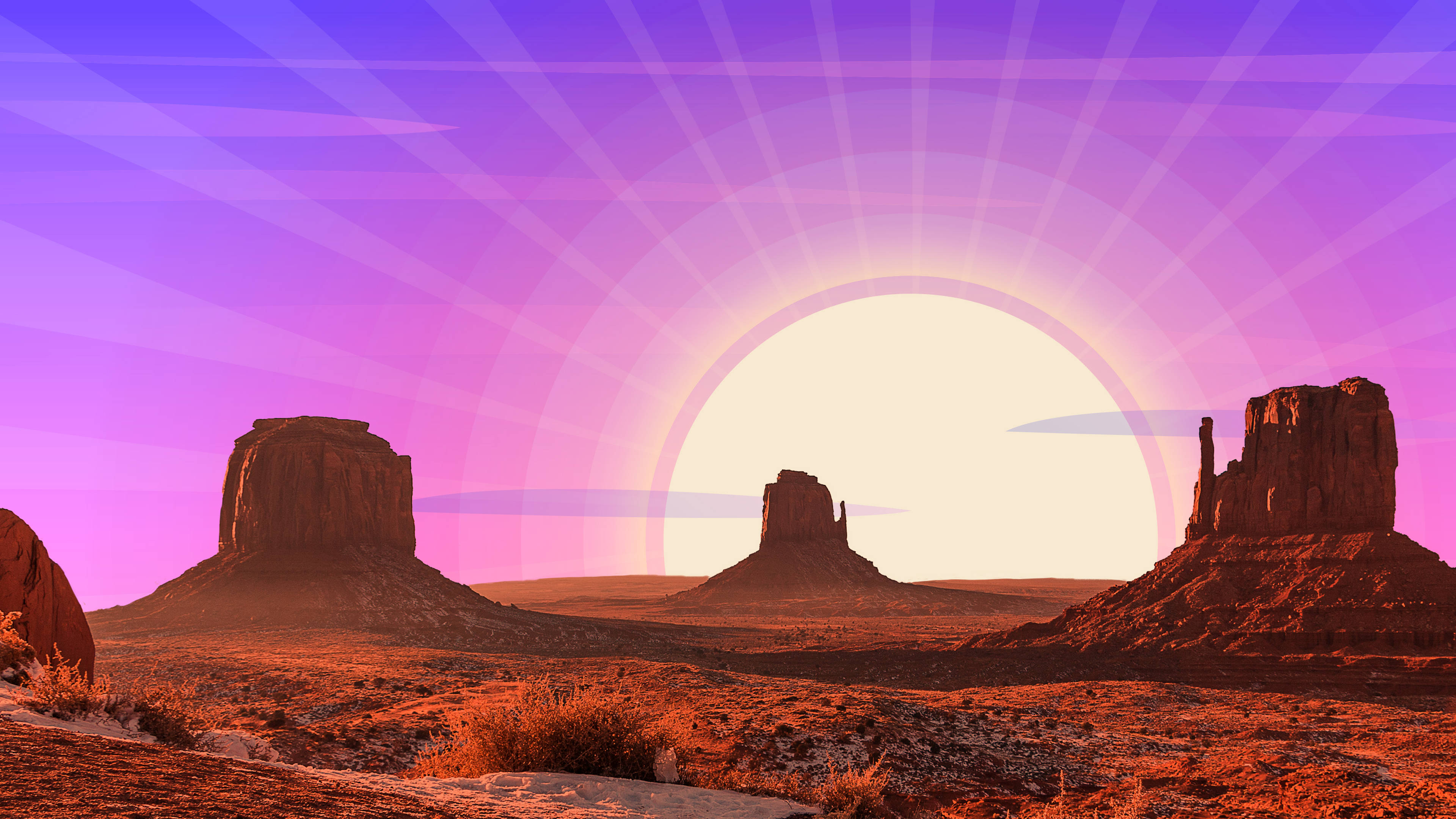 surreal desert sunset, giant rock formations, radiant purple and pink sky, 4K Desktop Wallpaper