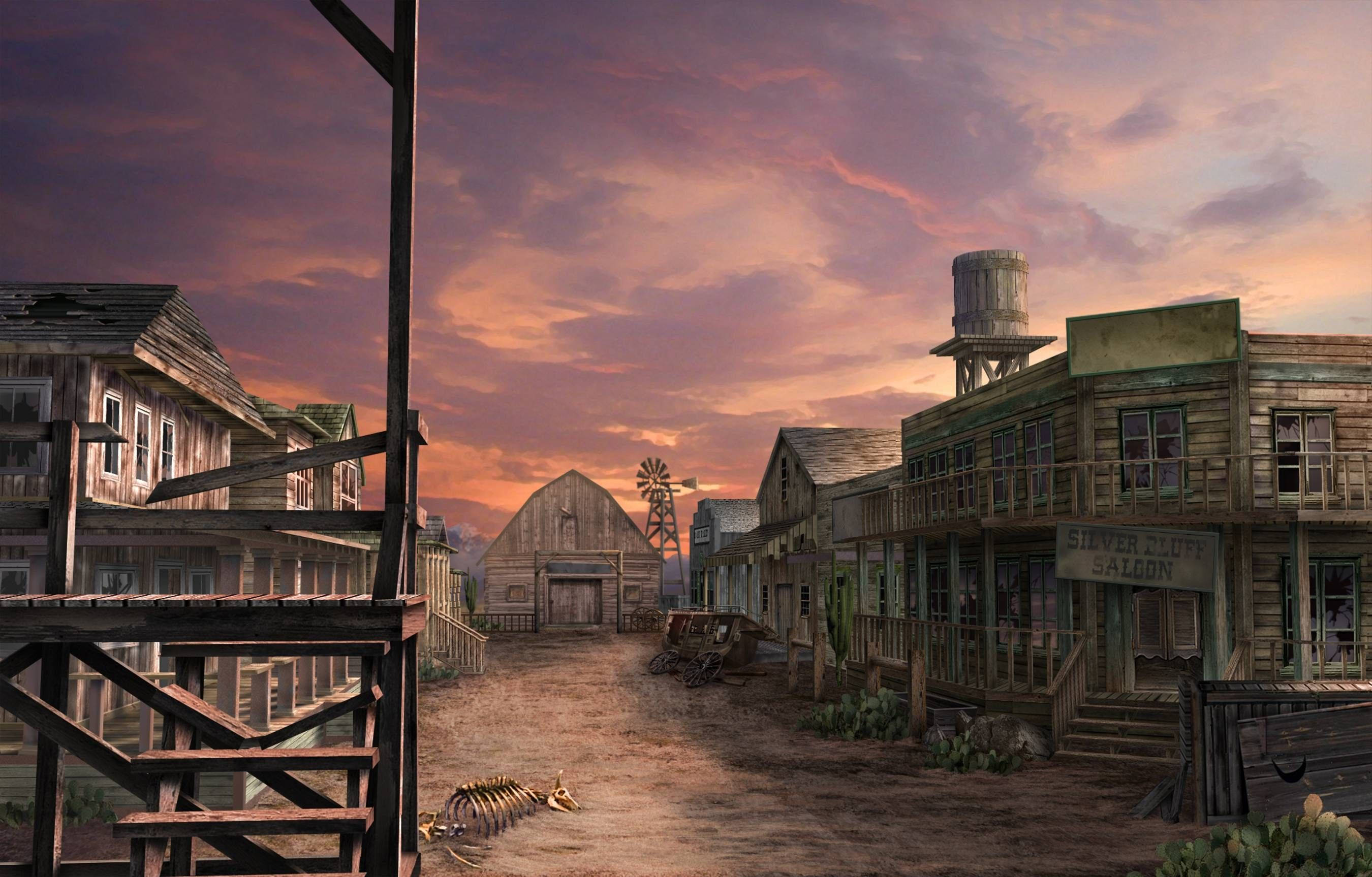 Country Western Abandoned Town, sunset, wooden saloon buildings, 2K Desktop Wallpaper