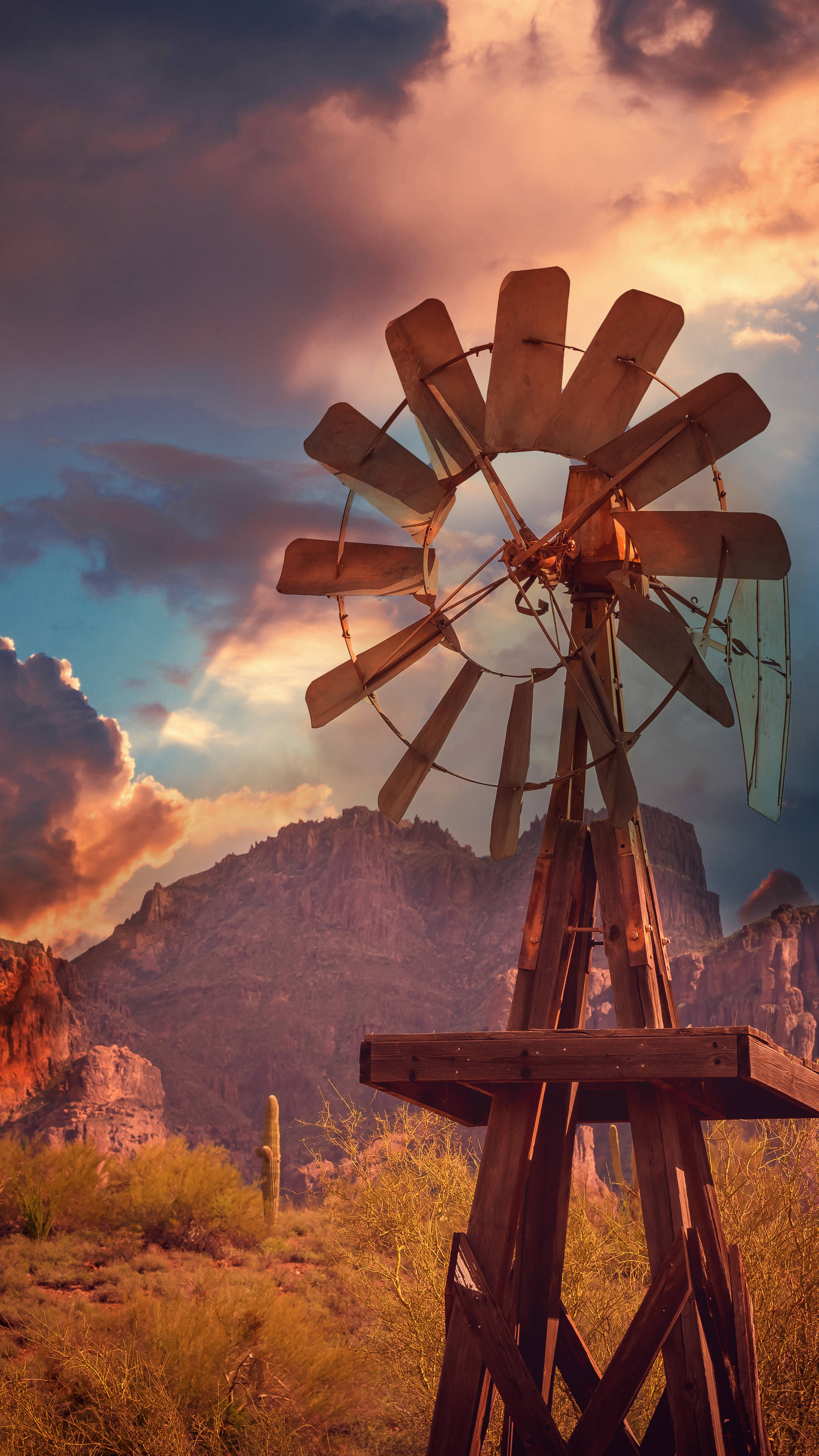 western windmill aesthetic, weathered wooden windmill, desert landscape, 4K Phone Wallpaper