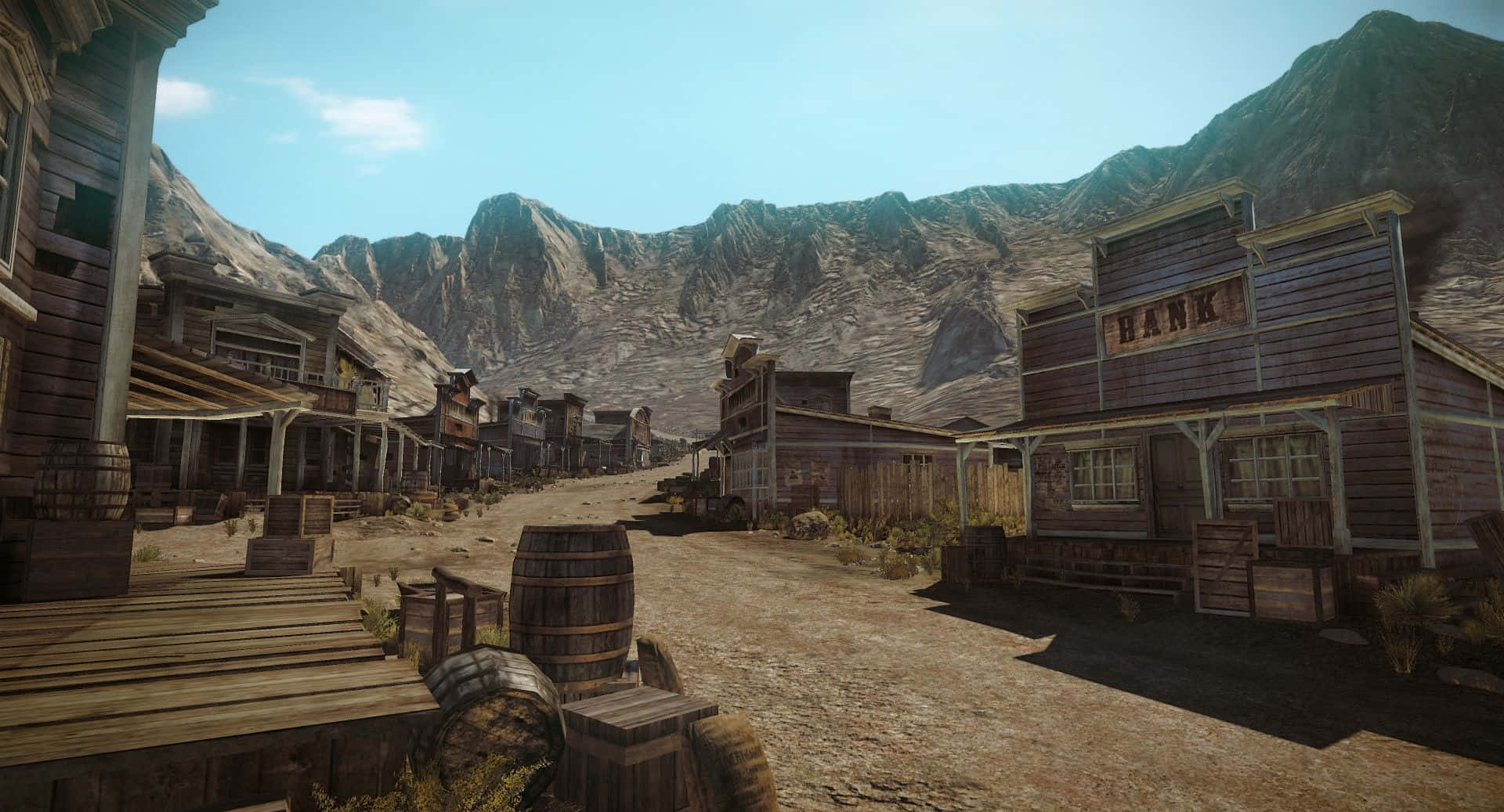 Wild West Environment, dusty western town street, wooden buildings, Full HD Desktop Wallpaper