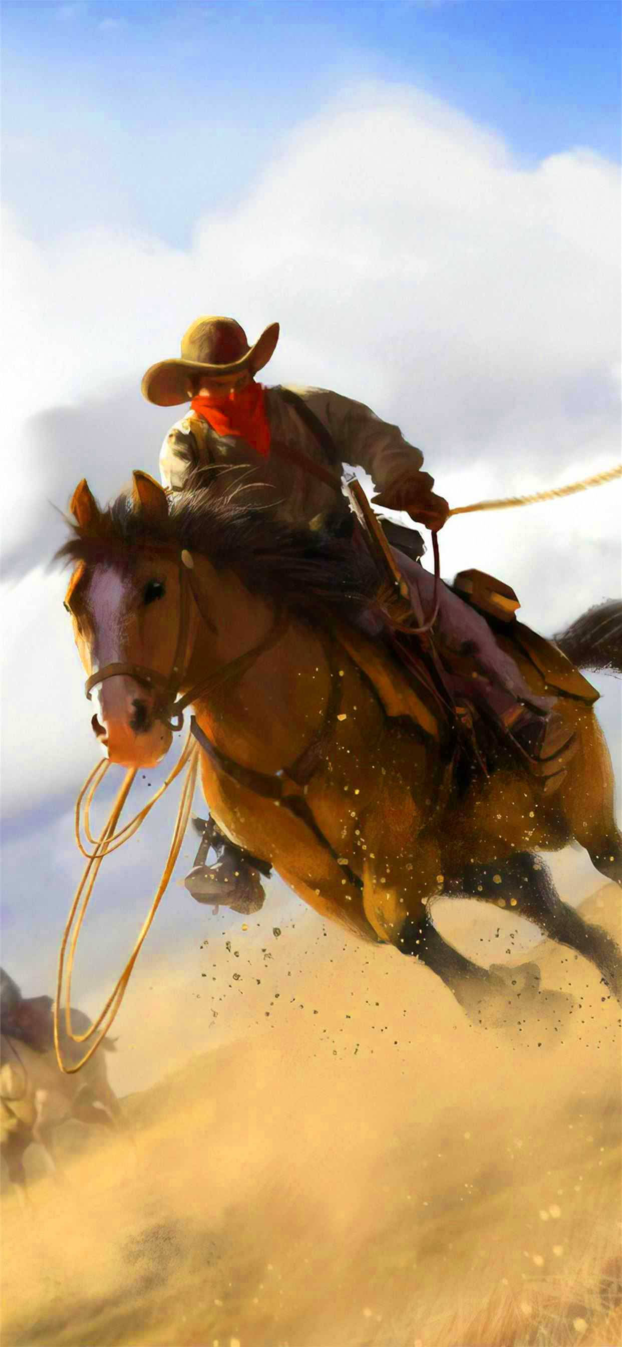 cowboy, brown hat, red bandana, 2K Phone Wallpaper