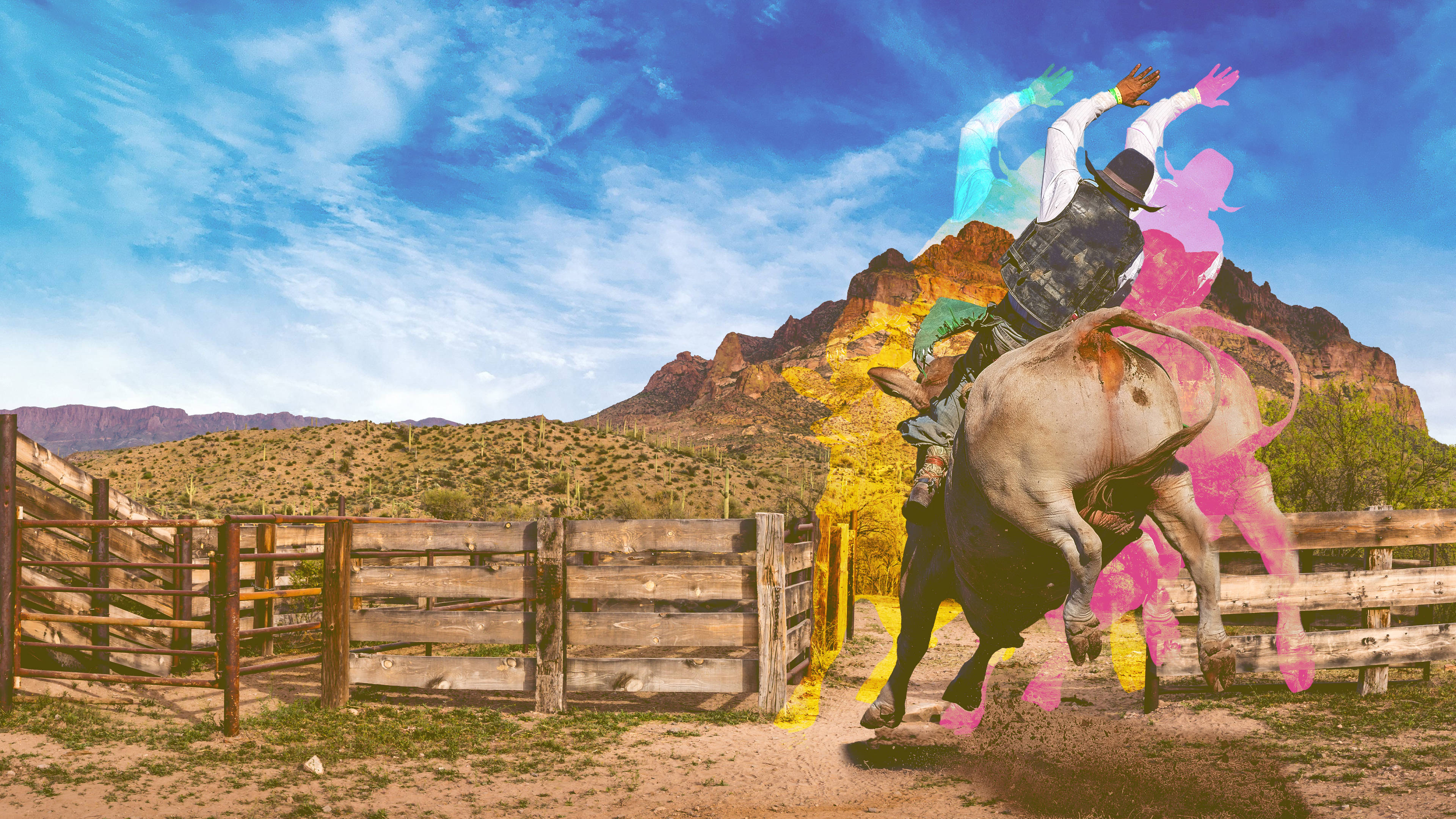 cowboy, bucking bull, desert rodeo arena, 4K Desktop Wallpaper