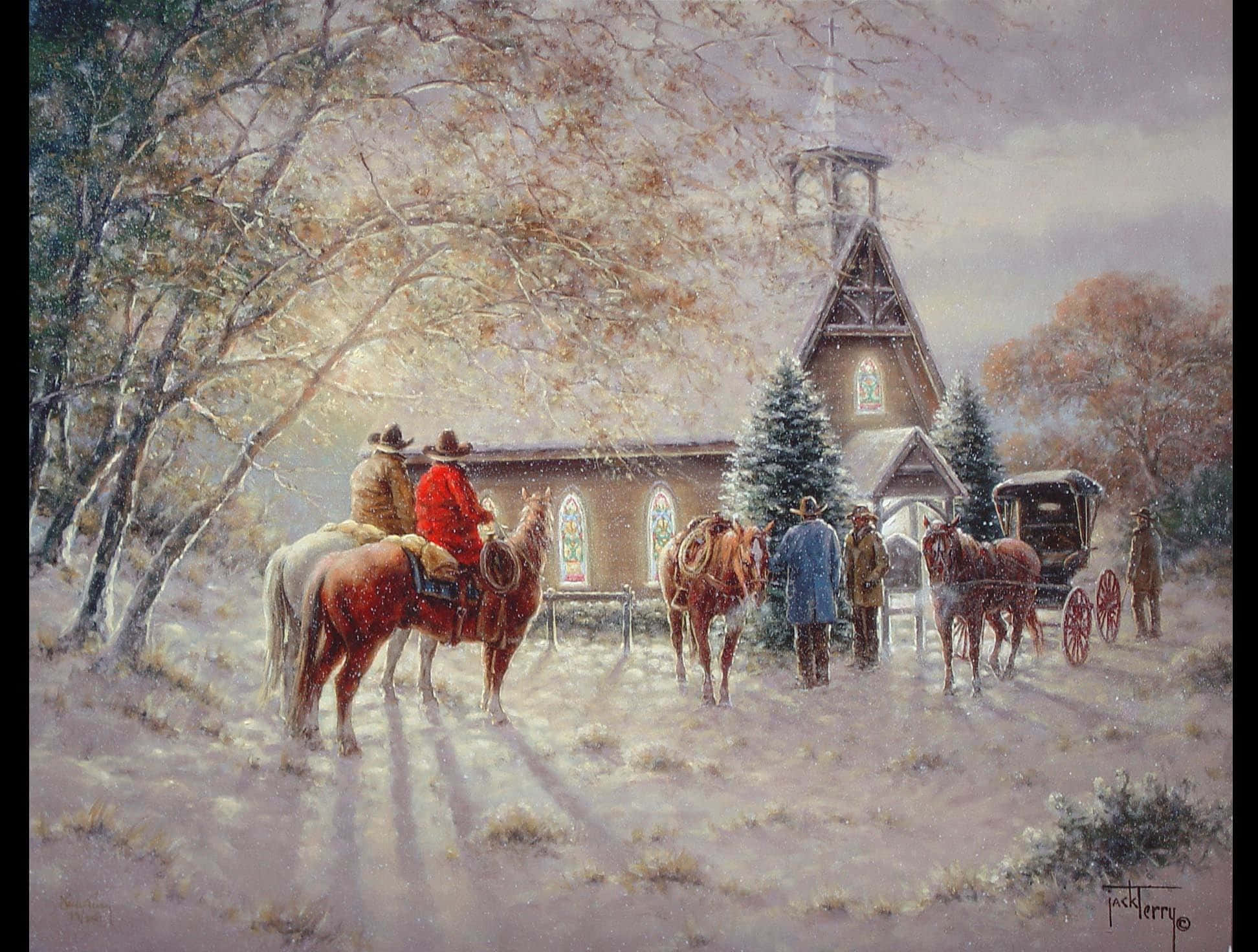cowboy christmas, rustic church, cowboys on horseback, Full HD Desktop Wallpaper