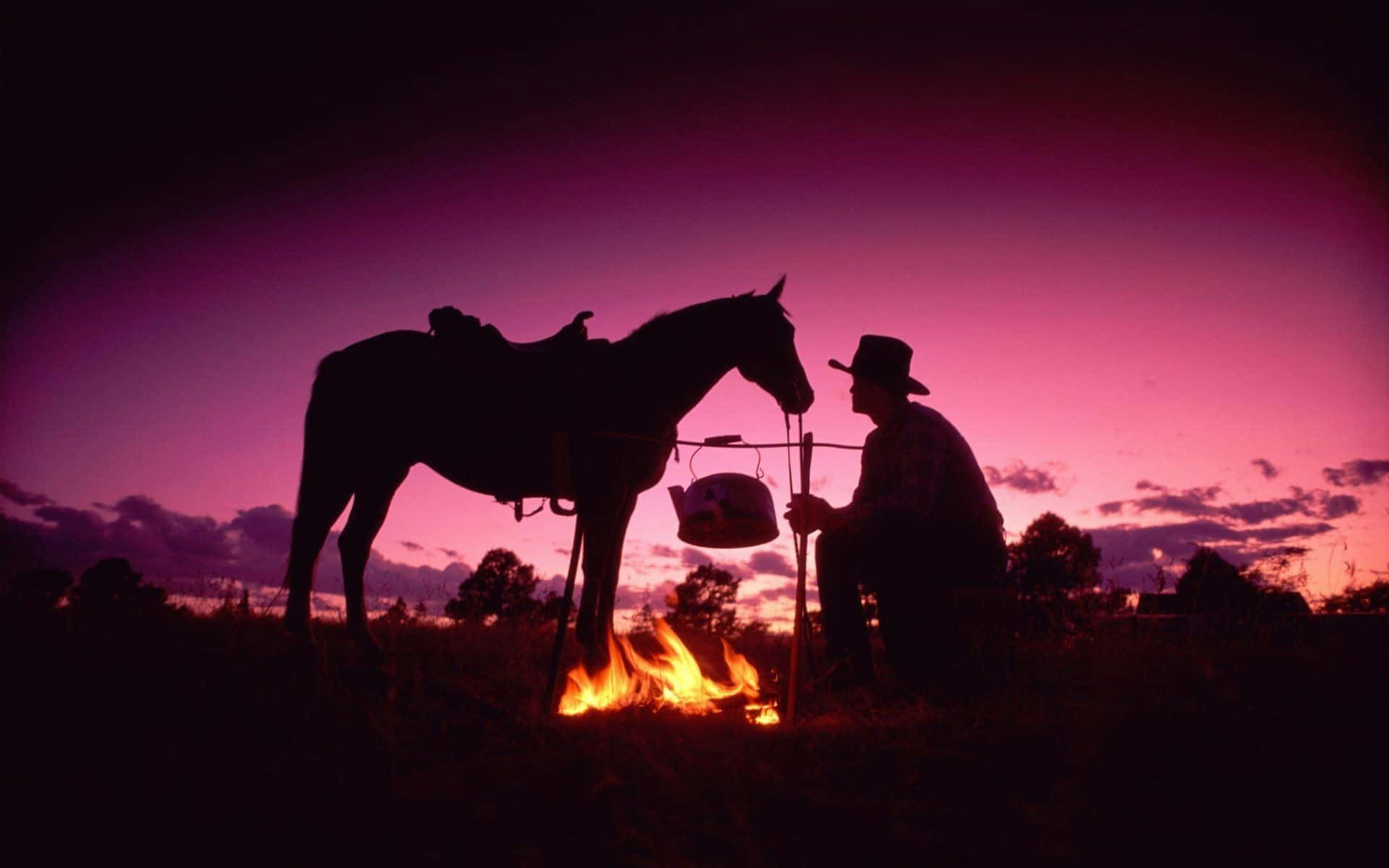 Western Cowboy Desktop, campfire, vibrant purple sunset sky, Full HD Desktop Wallpaper