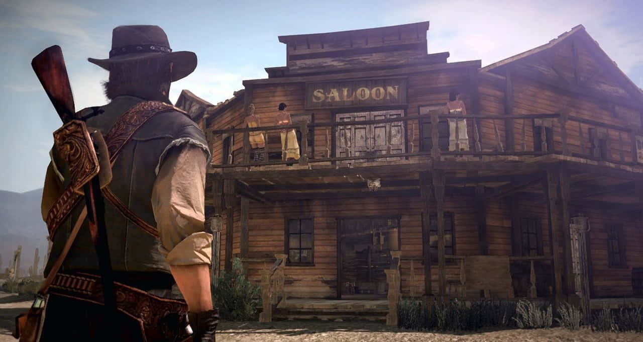 cowboy, rifle, weathered wooden saloon, HD Desktop Wallpaper
